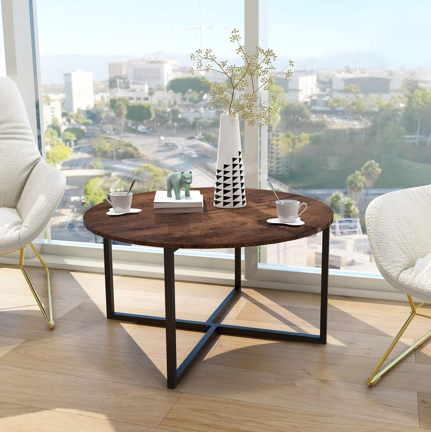 Round Coffee Table Kitchen Dining Tables Modern Leisure Tea Table Office Conference Pedestal Desk Rustic Brown