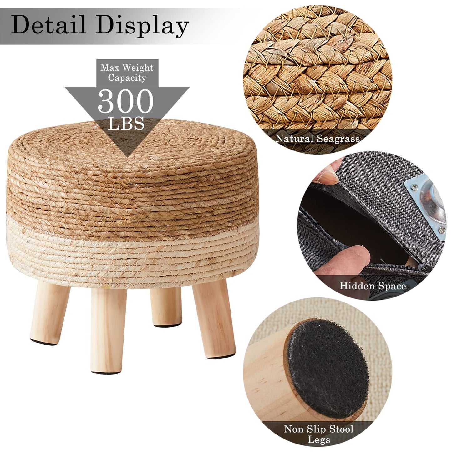 Cpintltr Foot Stool Natural Seagrass Hand Weave Poufs Round Ottoman for Couch Desk Soft Step Stool Padded Foot Rest with Non-Skid Pine Legs for Hallway Office Lounge Natural/White
