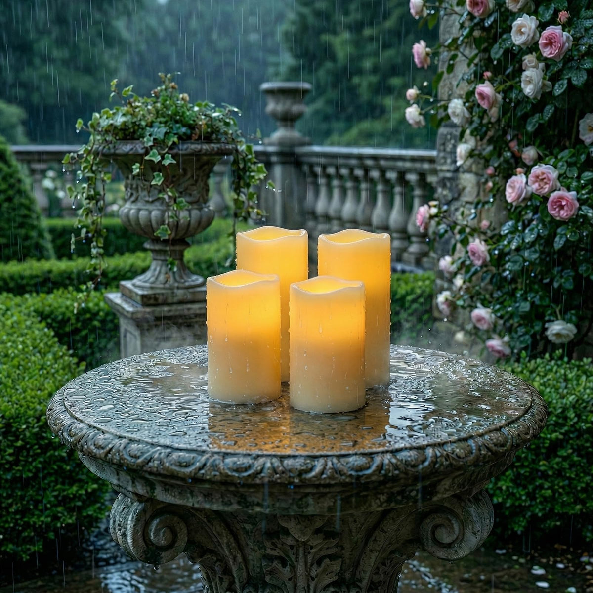 5plots 3" X 5"5" 6" 6" Outdoor Waterproof Candles, Battery Operated Led Ivory White Flameless Candles with 10-Key Remote & Timer for Indoor Home Lantern Holiday Decor, Set of 4