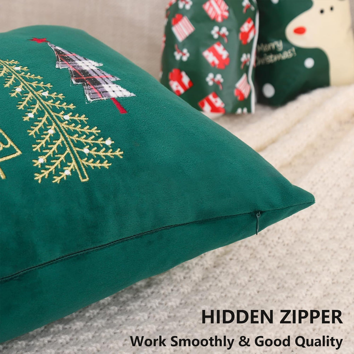 Tosleo Christmas Embroidery Throw Pillow Covers 20 x 20 inch Set of 2 Christmas Decor Velvet Pillowcases Forest Green Xmas Trees Cushion Pillow Cases Soft Square Holiday Pillowcase