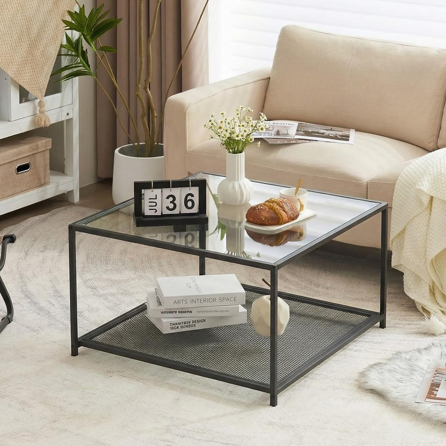Black Glass Coffee Table, Square Coffee Tables with Storage Shelf, Simple Tea Cocktail Modern Center Tables for Small Space, Living Room, Easy Assembly, 26 * 26in（Black）