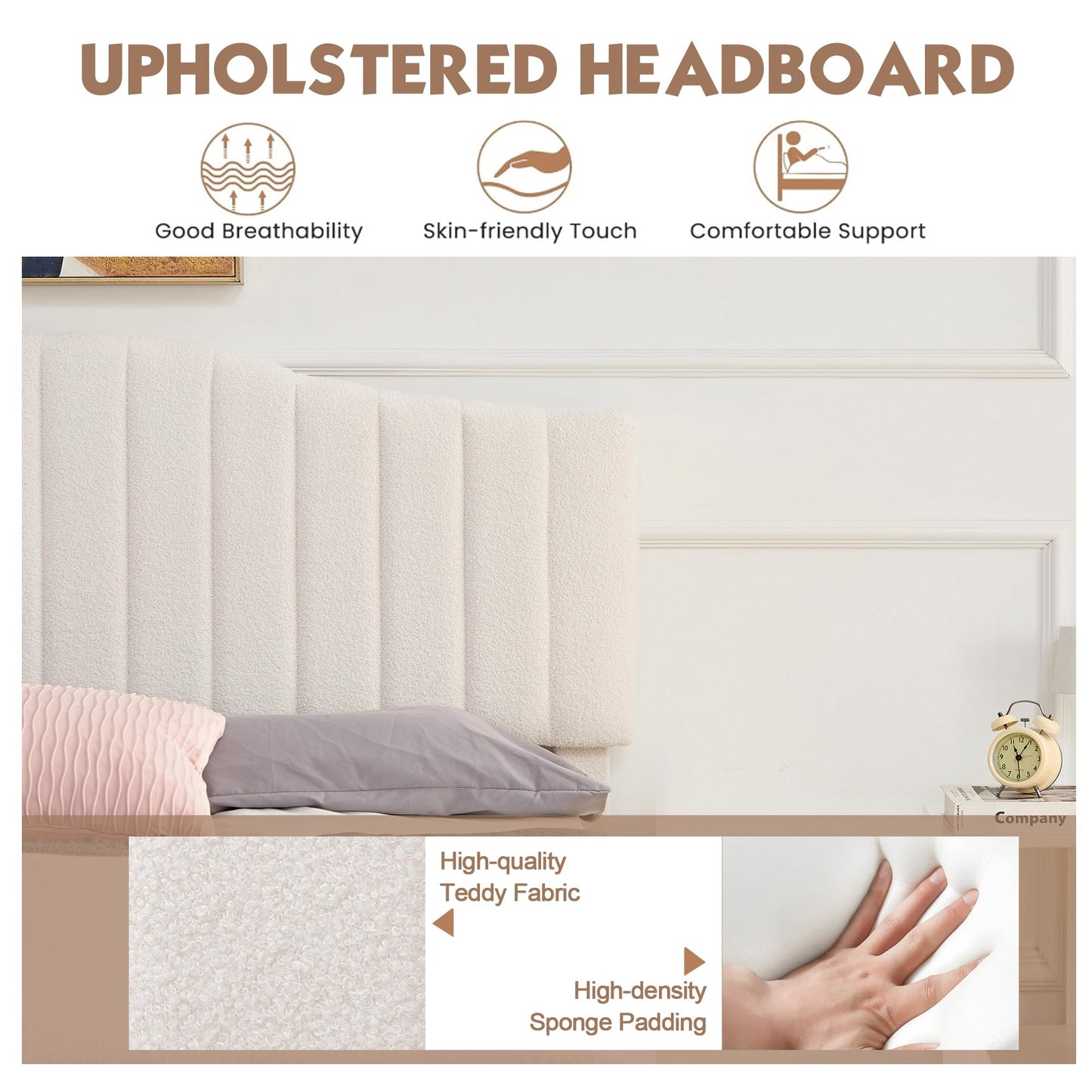 VECELO Full Size Beds Upholstered Platform Bed Frame with Height-Adjustable Teddy Fabric Headboard/Strong Wood Slats Supports / 7.9'' Under Bed Storage Space/Noise Free/No Box Spring Needed, Cream