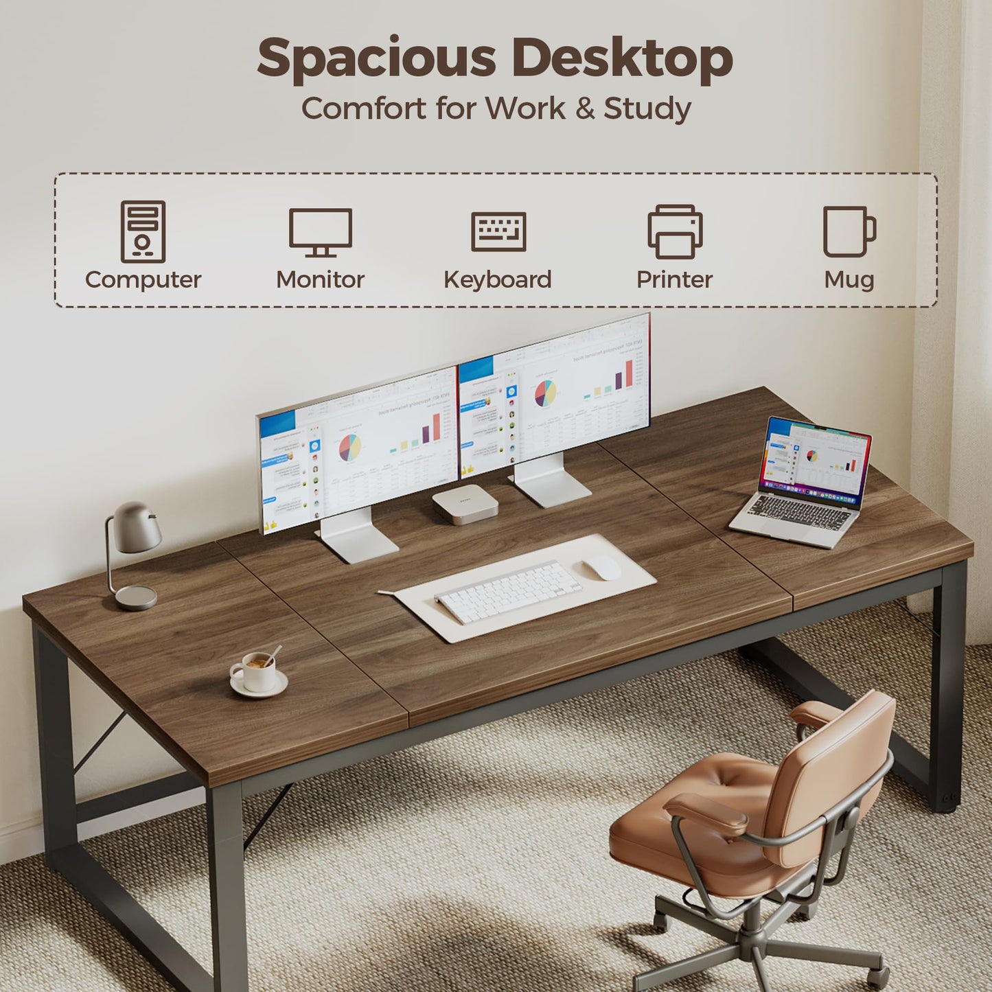 Mericonia 63 Inch Large Computer Desk, 1" Thick Heavy Duty Industrial Office Desk, Modern Simple Study Writing Table for Home Office Bedroom Workstation, Walnut