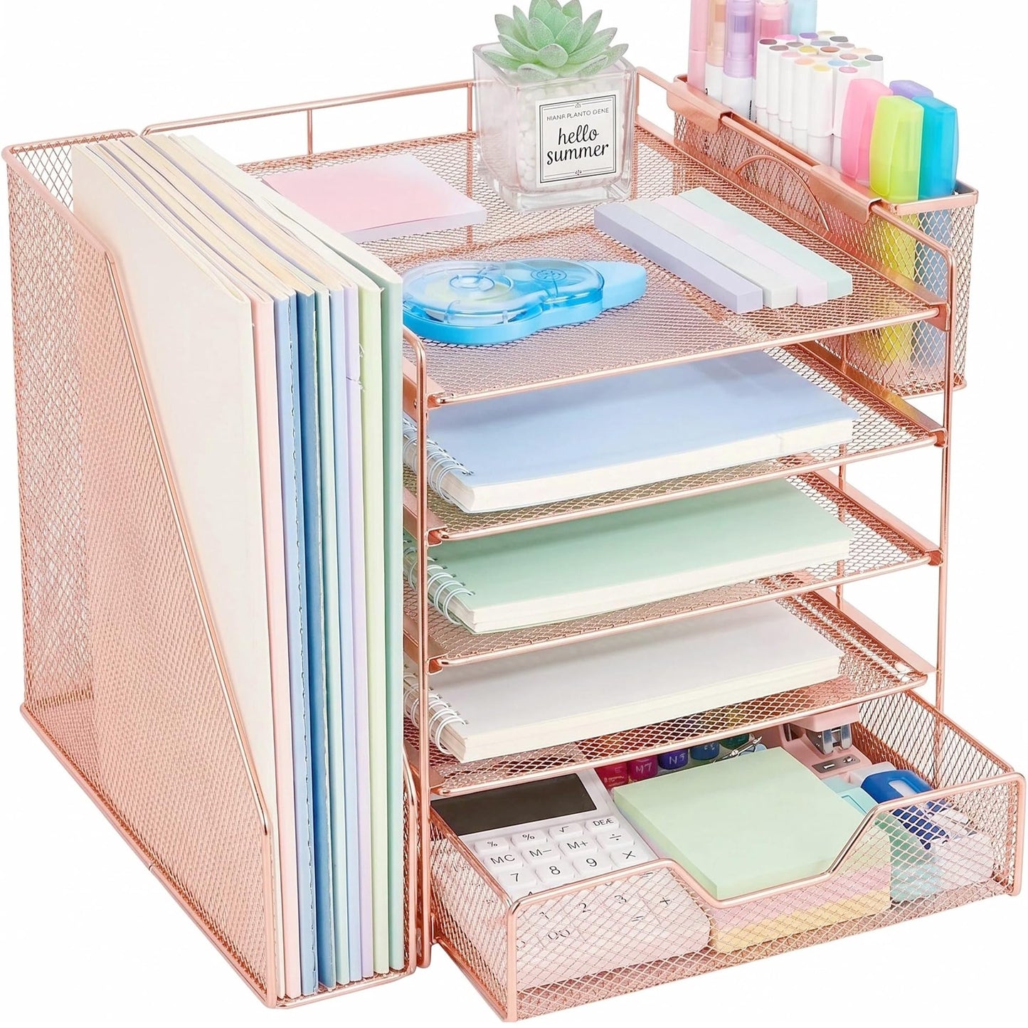 Gugsey Desk Organizers and Accessories, 5-Tier Paper Letter Tray Organizer with File Holder, Drawer & Pen Holder, Office Desk Accessories, Desktop Organizer for Classroom Office Supplies, Rose Gold
