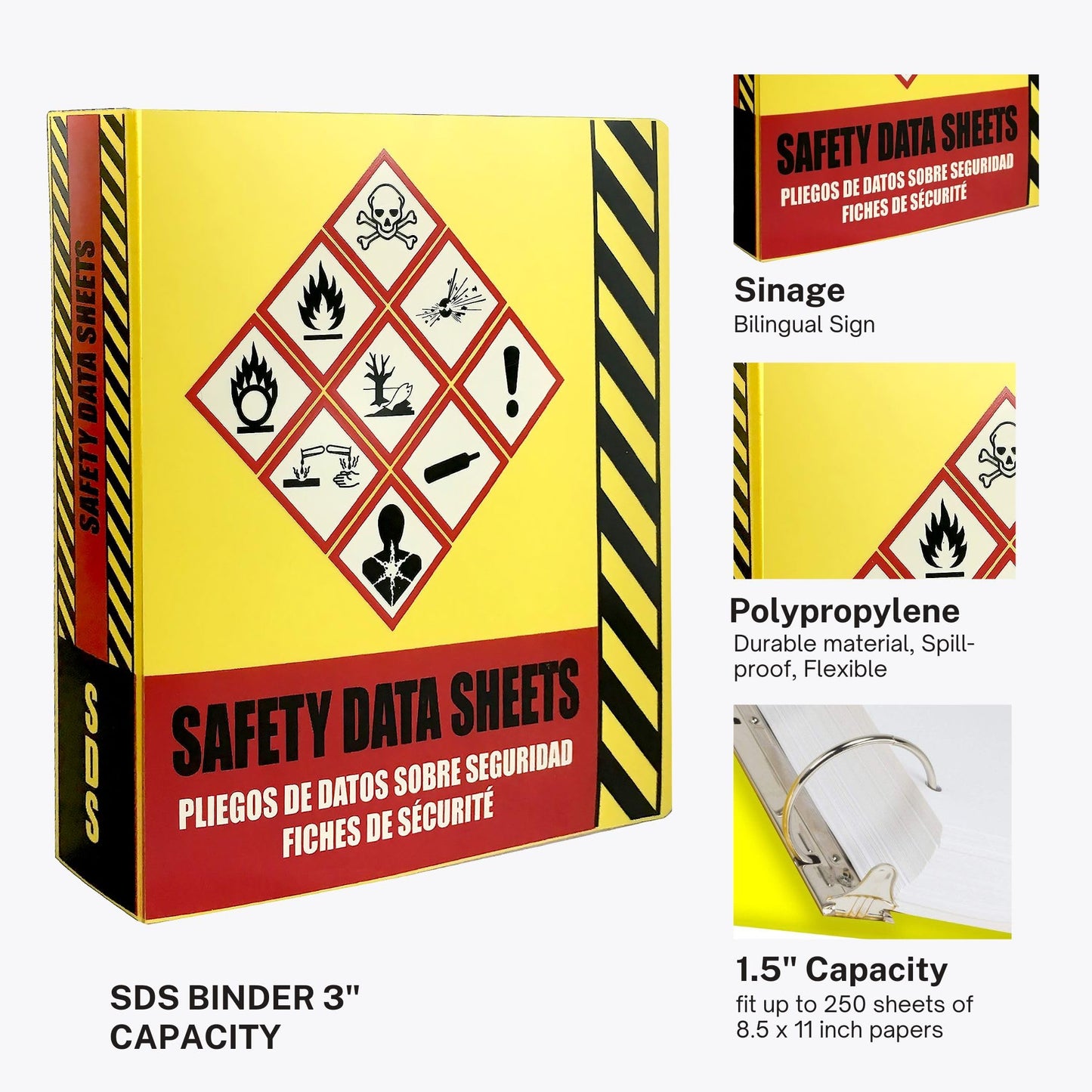 Ring Binder Depot 2 Pack of SDS Binder, Heavy Duty 3 Ring Binder with 1.5 In Capacity Holds 250 Pages, Trilingual with EnglishSpanishFrench, Durable and Highly Visible Safety Data Sheets, Yellow