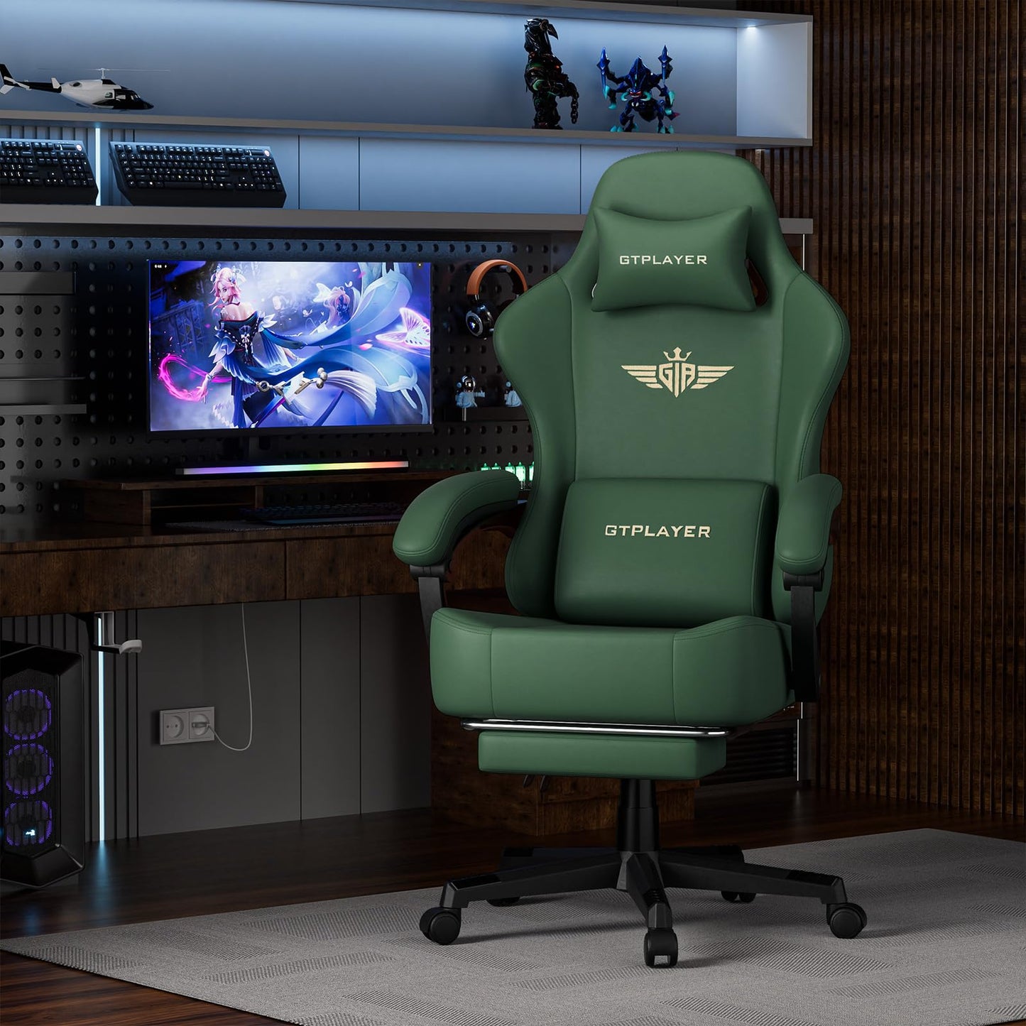 GTPLAYER Gaming Chair with Pocket Spring Cushion, Big and Tall Gamings Chairs 350LBS High Back Computer Chair with Footrest for Adults Lumbar Support Swivel Game Chair for Office, Leather Green