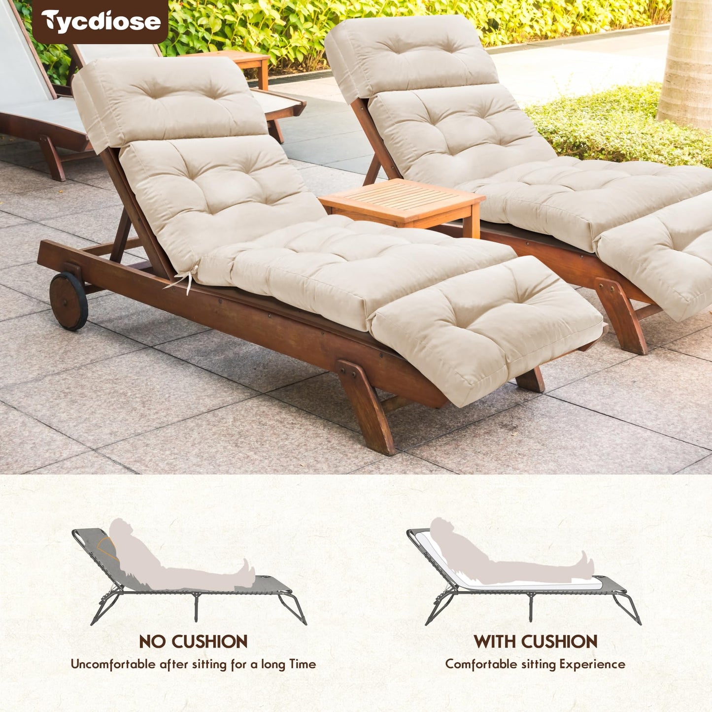 Tycdiose Outdoor Chaise Lounge Chair Cushion Waterproof 74.4 x 22 x 4.7 Inches Memory Foam Lounge Chair Cushions Replacement for Outdoor Furniture with Ties, Thickened Pool Lounge Chair Cushion, Beige