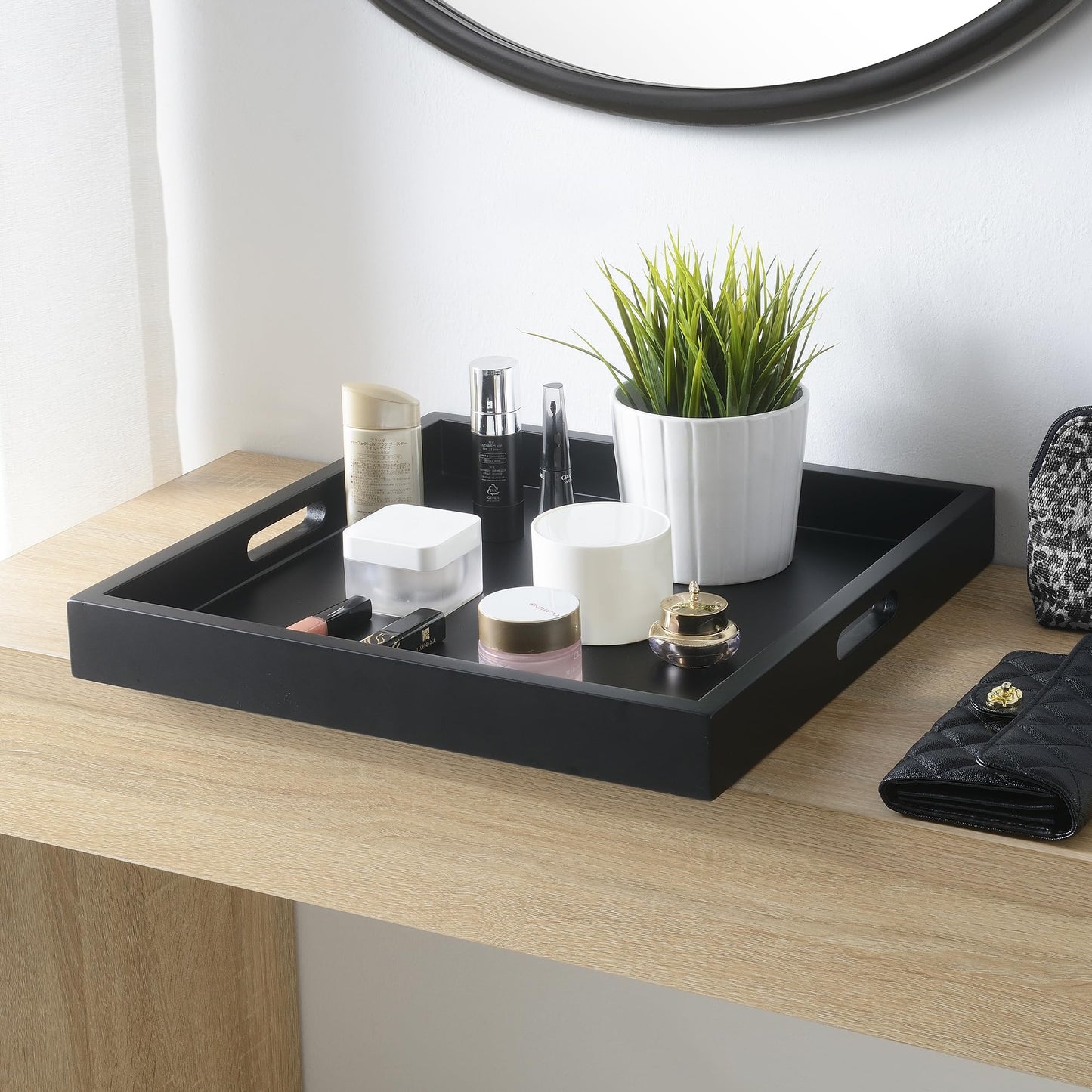Convenience Concepts Palm Beach Serving Tray 16.75" - Kitchen & Living Room Square Wood Decorative Tray with Handles, Ottoman Accent Tray, Coffee Table Tray, Counter Organization & Storage, Black
