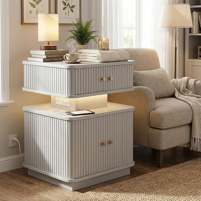 Nightstand with Charging Station, Modern Night Stand with Smart Led Light and 2