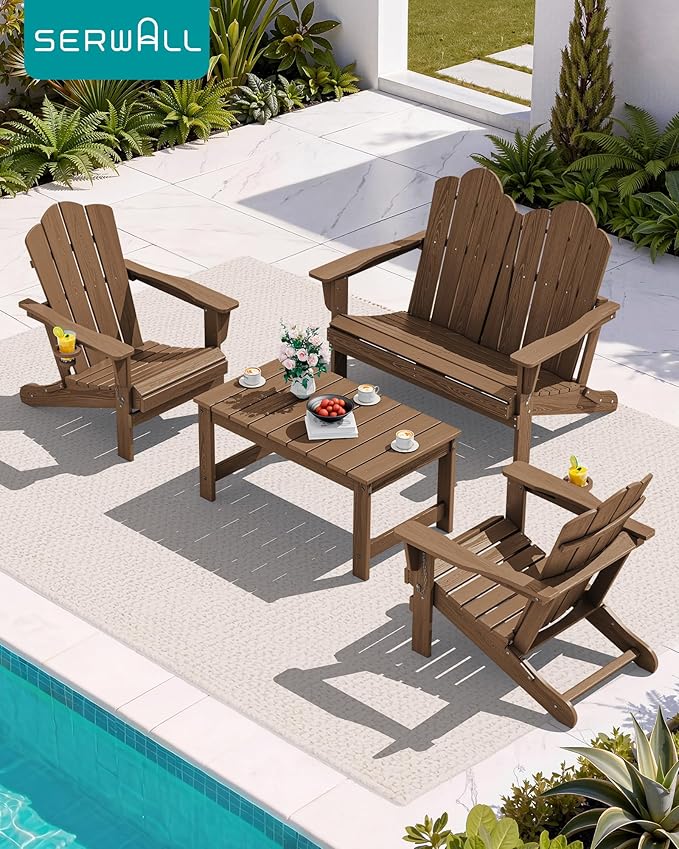 SERWALL 4 Pieces HDPE Patio Adirondack Chair Set, 2 Adirondack Chair