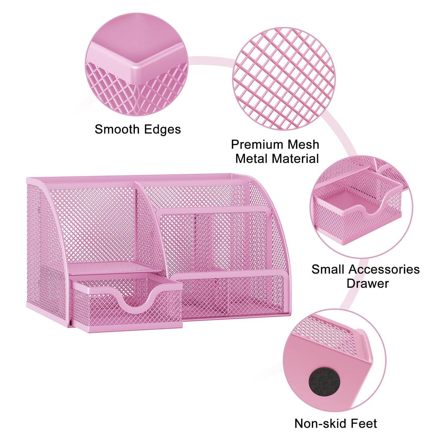 EasyPAG Mesh Desk Organizer with Drawer Multi-functional Pen Holder Stationery Organizer for Office School Supplies 6 Compartments Dorm Organizers and Storage for Desk, Light Pink