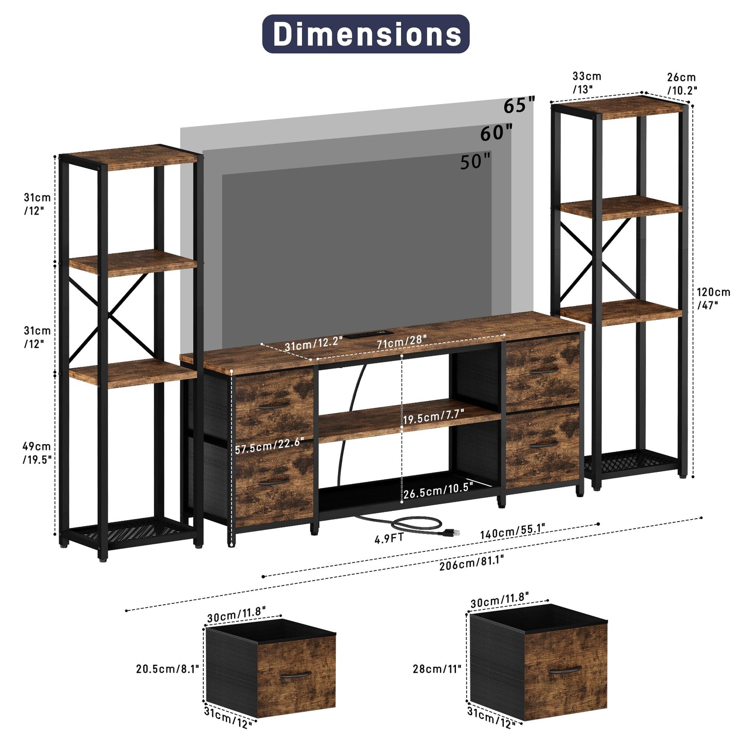 LED TV Stand Bookshelf Combo with Charging Station for 65 60 55 Inch TV, Entertainment Center with Lights & Drawers, Industrial Media TV Console Table for Living Room Bedroom Office, Rustic Brown