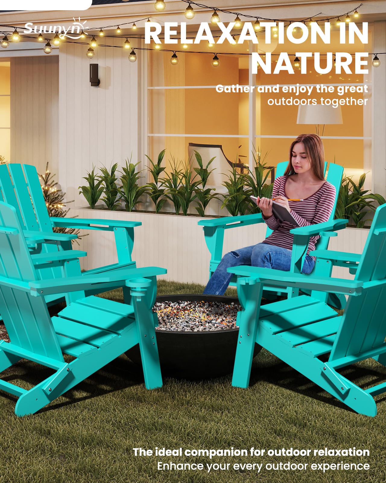 SUUNYN Folding Adirondack Chair, HDPE Adirondack Chairs with 2 Cup Holder, Plastic All-Weather Fire Pit Chairs, Outdoor Lawn Chair for Patio Garden (Lake Blue)