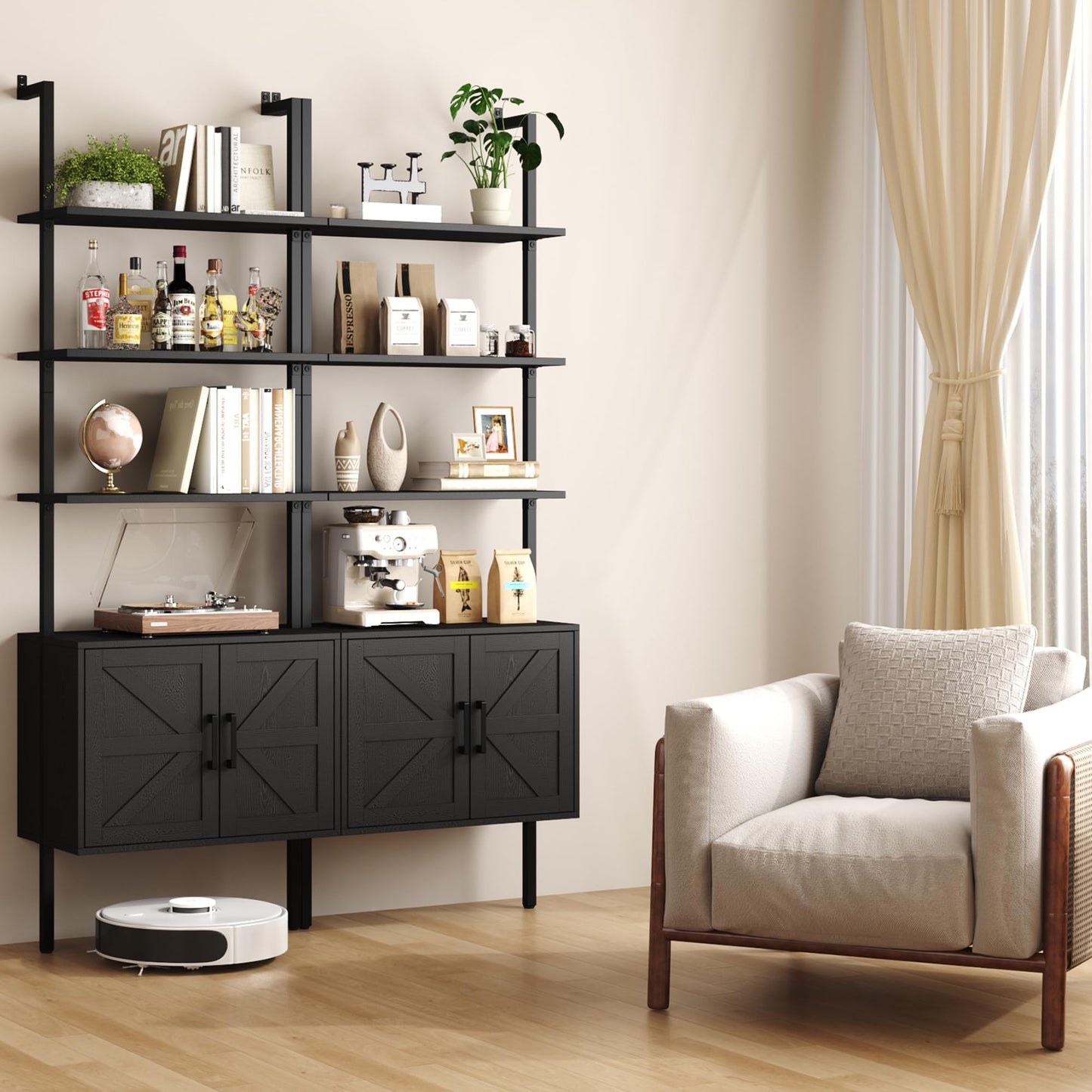 Yusong 73" Tall Bookshelf with Cabinet, Industrial Ladder Wall Mount Shelf Farmhouse Bookcase with Wood and Metal Frame, Plant Shelf Wall Storage Display for Living Room Bedroom, Farmhouse Black