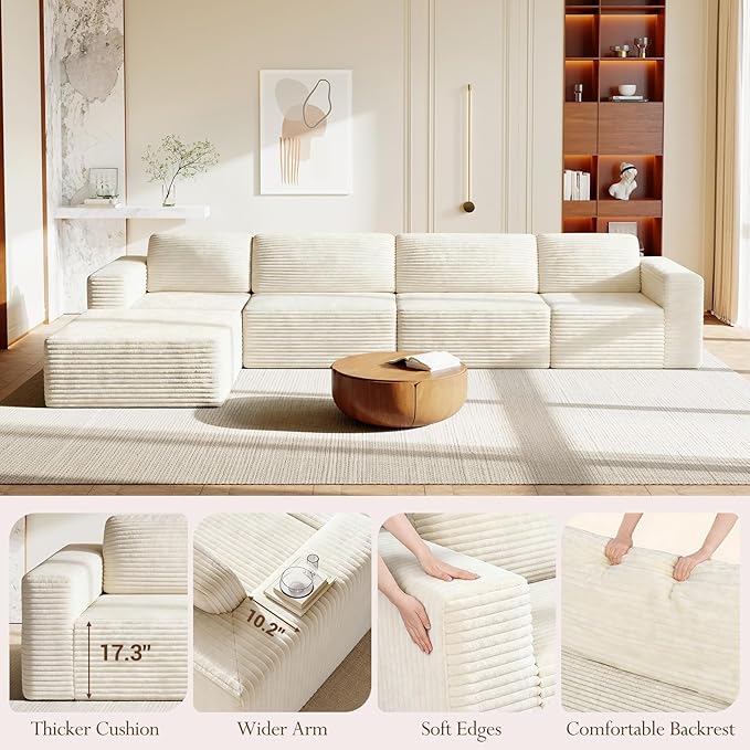 Vesgantti 159" Large Modular Sectional Sofa, L-Shaped Corduroy Cloud Couch