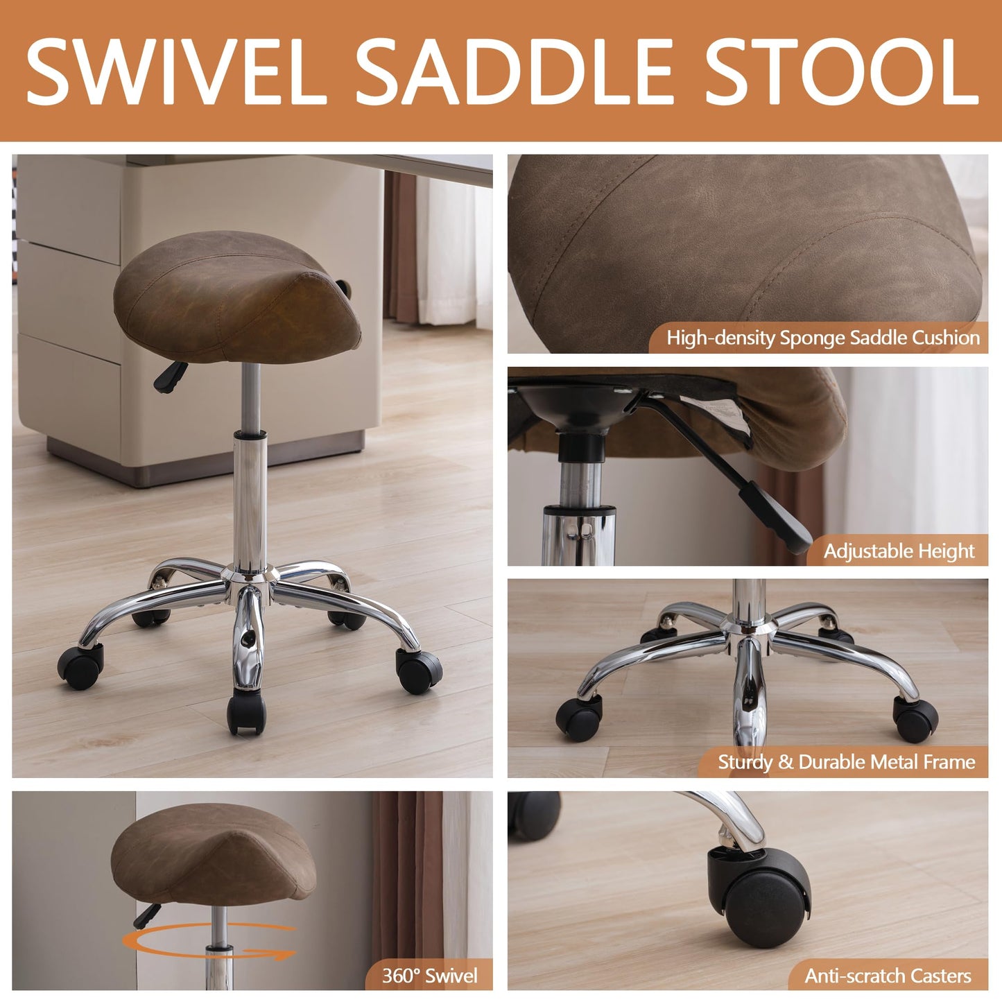 FIRAVOE Saddle Stool, Swivel Saddle Stool with Wheels, Adjustable Rolling Stool 18"-26", Faux Leather Rolling Stool for Salon, Massage, Clinic, Lab, Office (Tan, 1PCS (18"-26"))