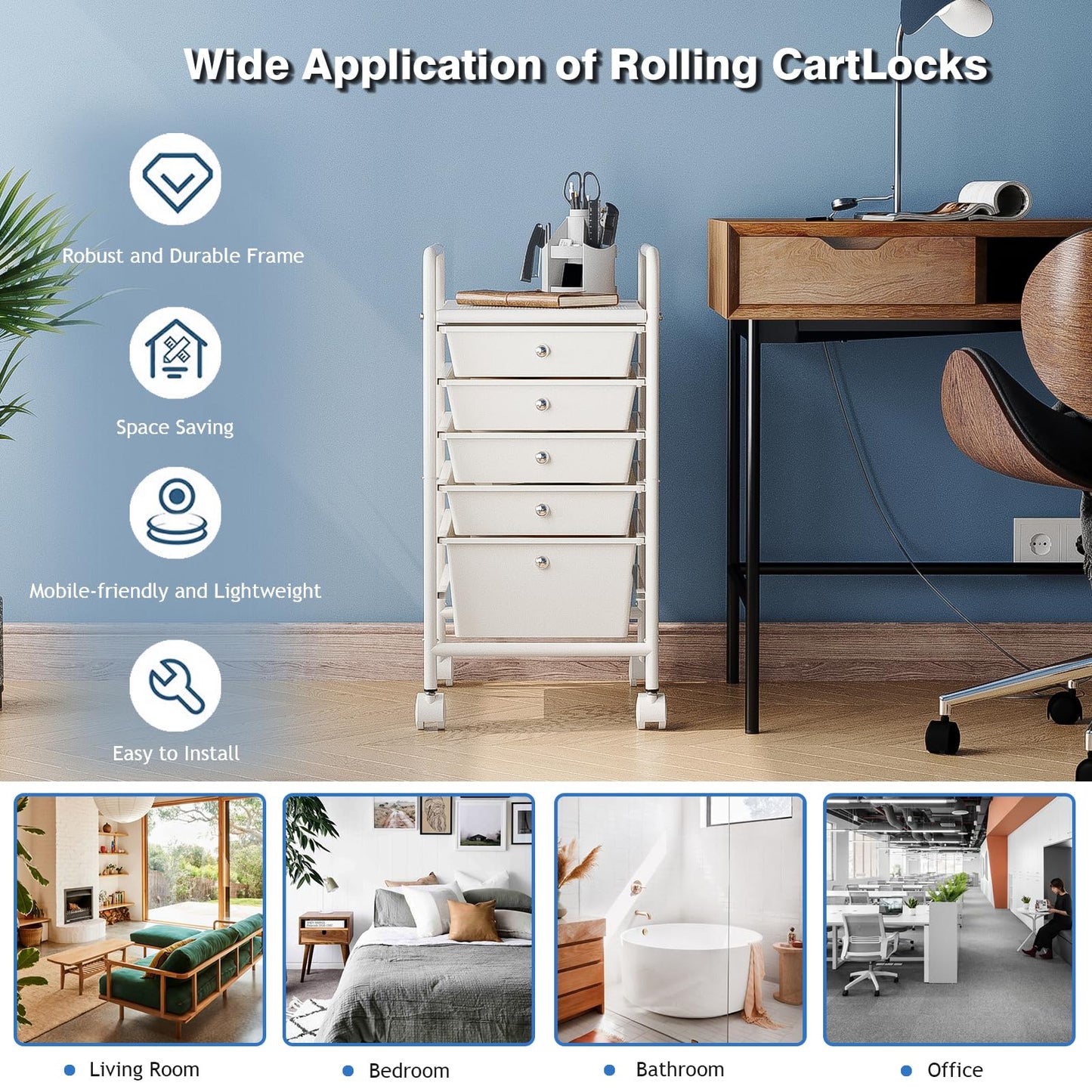 Shrivee 6-Tier Rolling Cart with 5 Drawers, Rolling Utility Cart with 2 Lockable Caster Wheels, Multipurpose Mobile Rolling Storage Drawer Cart for Office Bathroom Kitchen, Ivory White