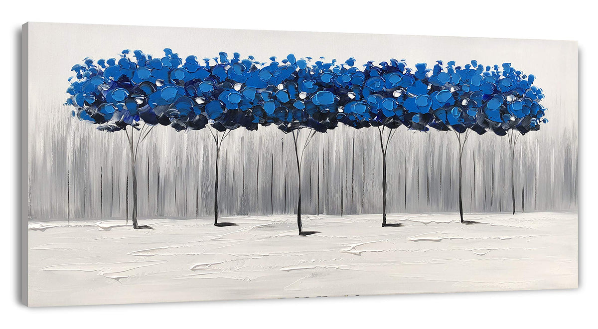 Yihui Arts Hand Painted Blue Tree Landscape Oil Painting on Canvas, Modern Abstract Wall Art for Living Room, Bedroom, Office Decor