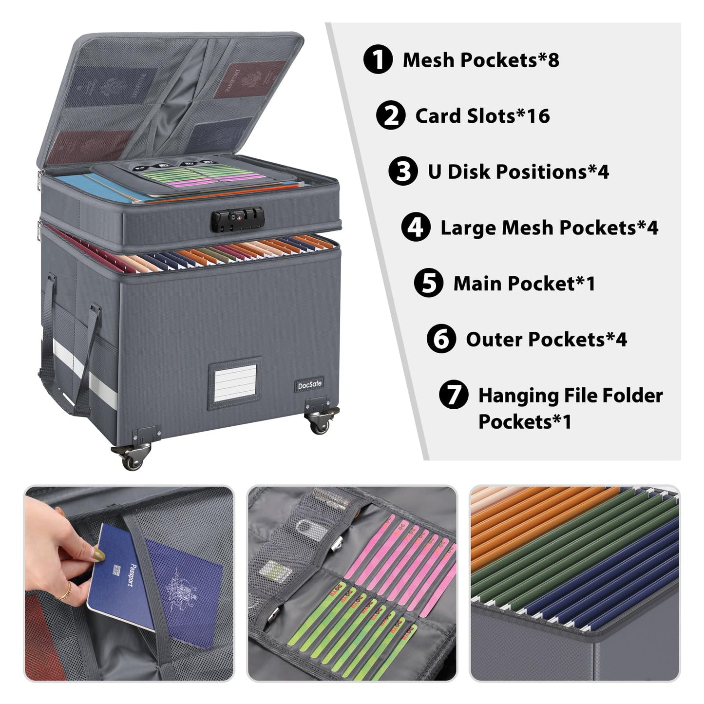DocSafe Fireproof Document Box with Lock,2-Layer File Box with Wheels,Collapsible File Storage Organizer with Pockets,Large Portable Office Filing Cabinet for Hanging Folders,Gray,16''x13.8''x12.2''