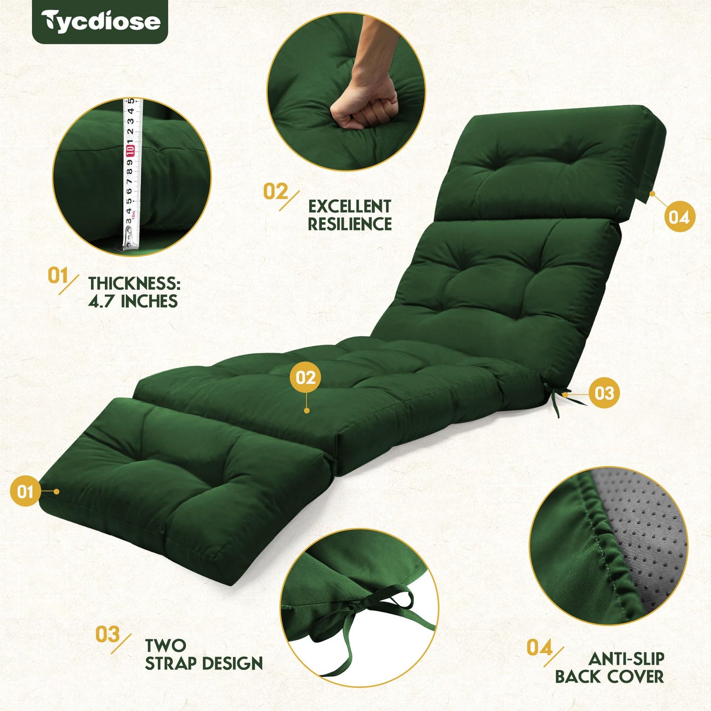 Tycdiose Outdoor Chaise Lounge Chair Cushion Waterproof 74.4 x 22 x 4.7 Inches Memory Foam Lounge Chair Cushions Replacement for Outdoor Furniture with Ties, Thickened Pool Lounge Chair Cushion, Green