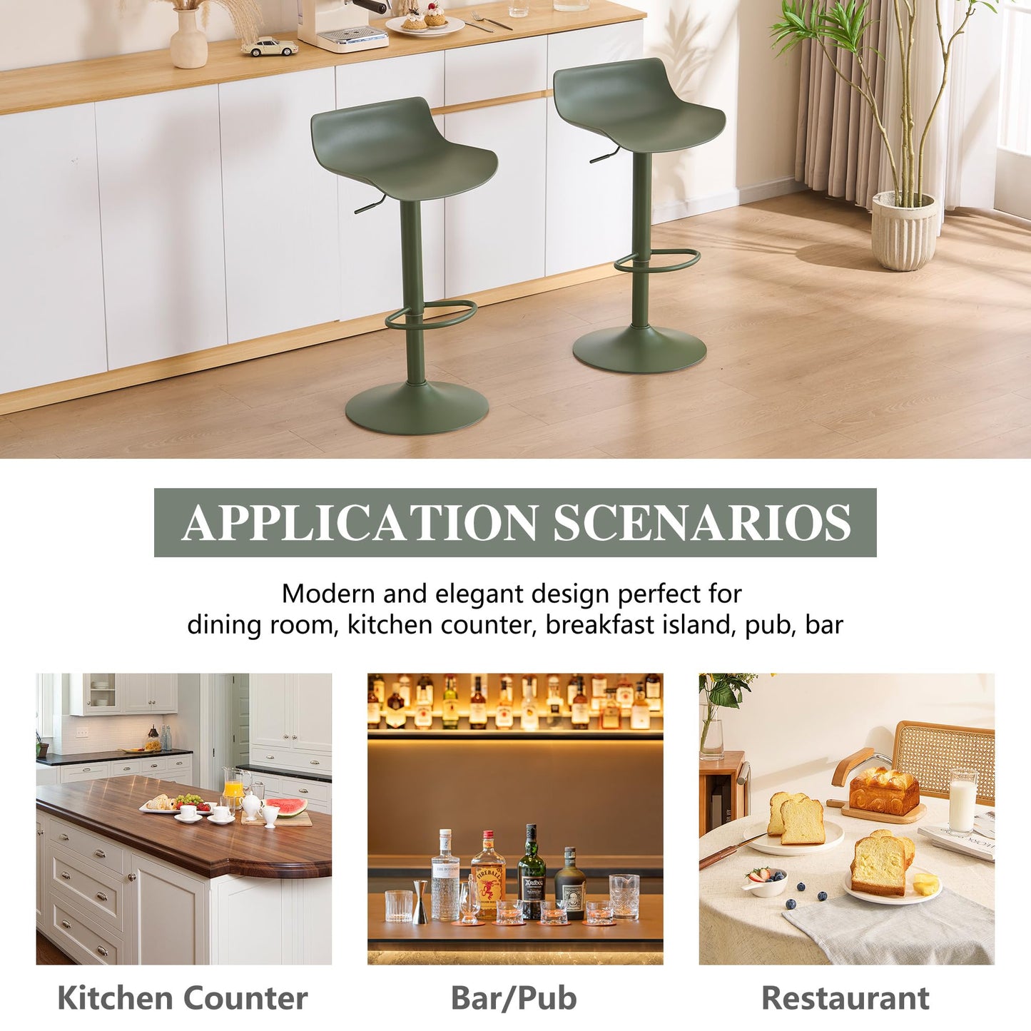 YOUNIKE Adjustable Height Bar Stools Set of 2 Plastic Swivel Barstool with Low Back Modern Kitchen Counter Island Bar Chairs for Breakfast Nook Cafe Bars Olive Green