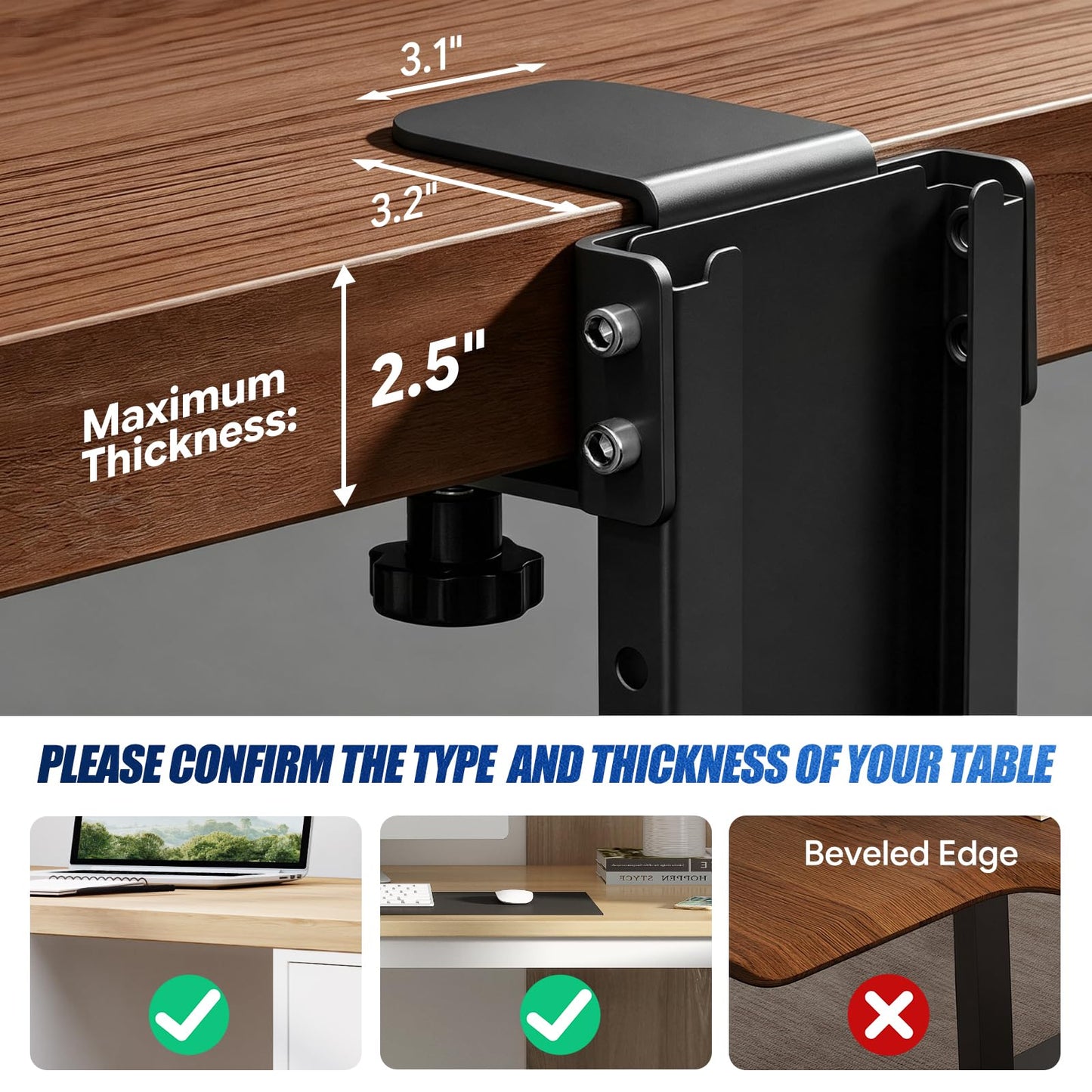 TooCust Adjustable Under Desk PC Mount, Heavy Duty No Drilling Clamp Mount on Desk (5.5 to 9.8 Inch Wide) - Thickened & Ultra Strong Fits Large PC Tower, Standing Desk PC Mount, Black