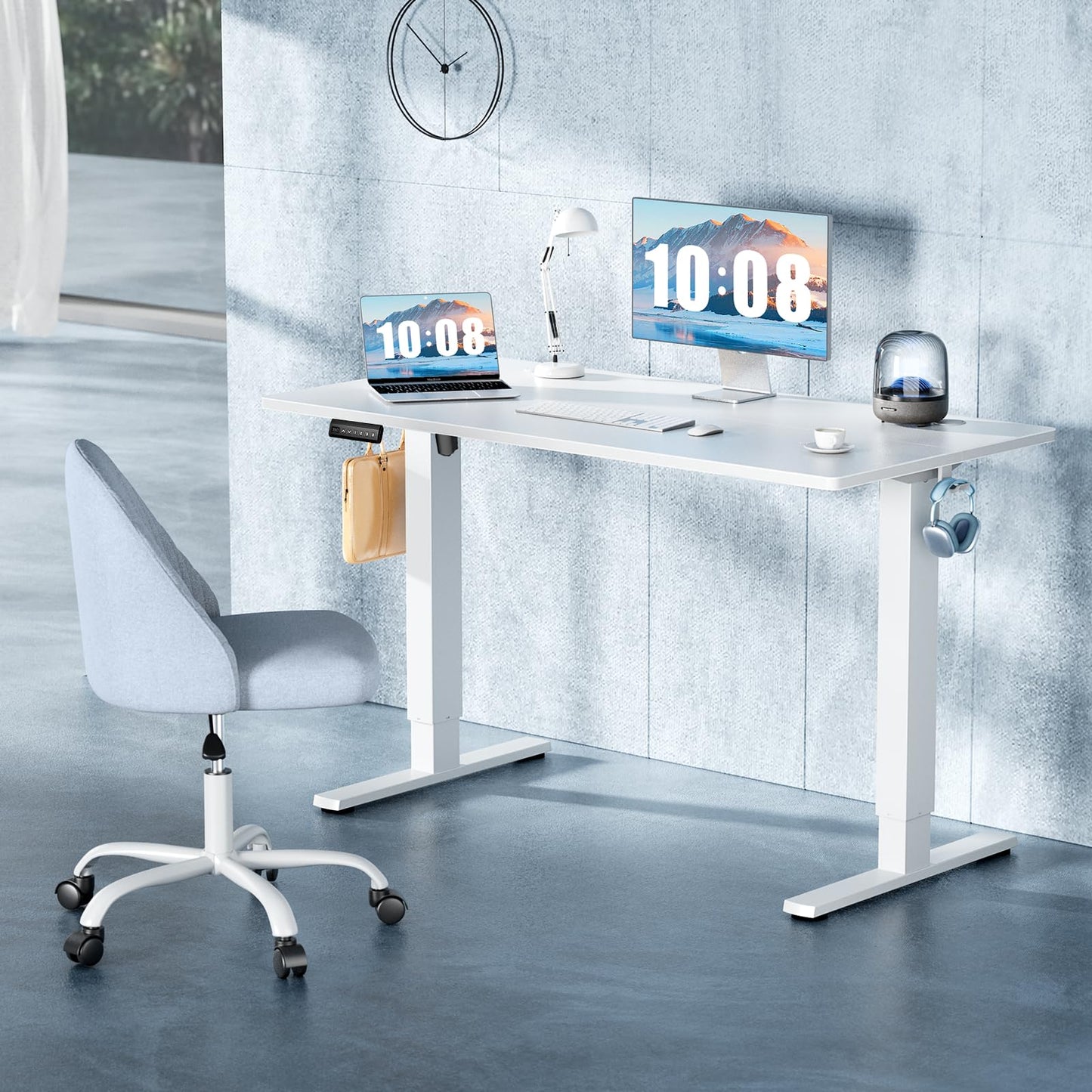 DUMOS 40 Inch Electric Standing Desk Height Adjustable, Sit to Stand Up Computer Workstations Work PC Table Home Office Study Writing Gaming Desks with Memory Presets for Walking Pad, Bedroom, White
