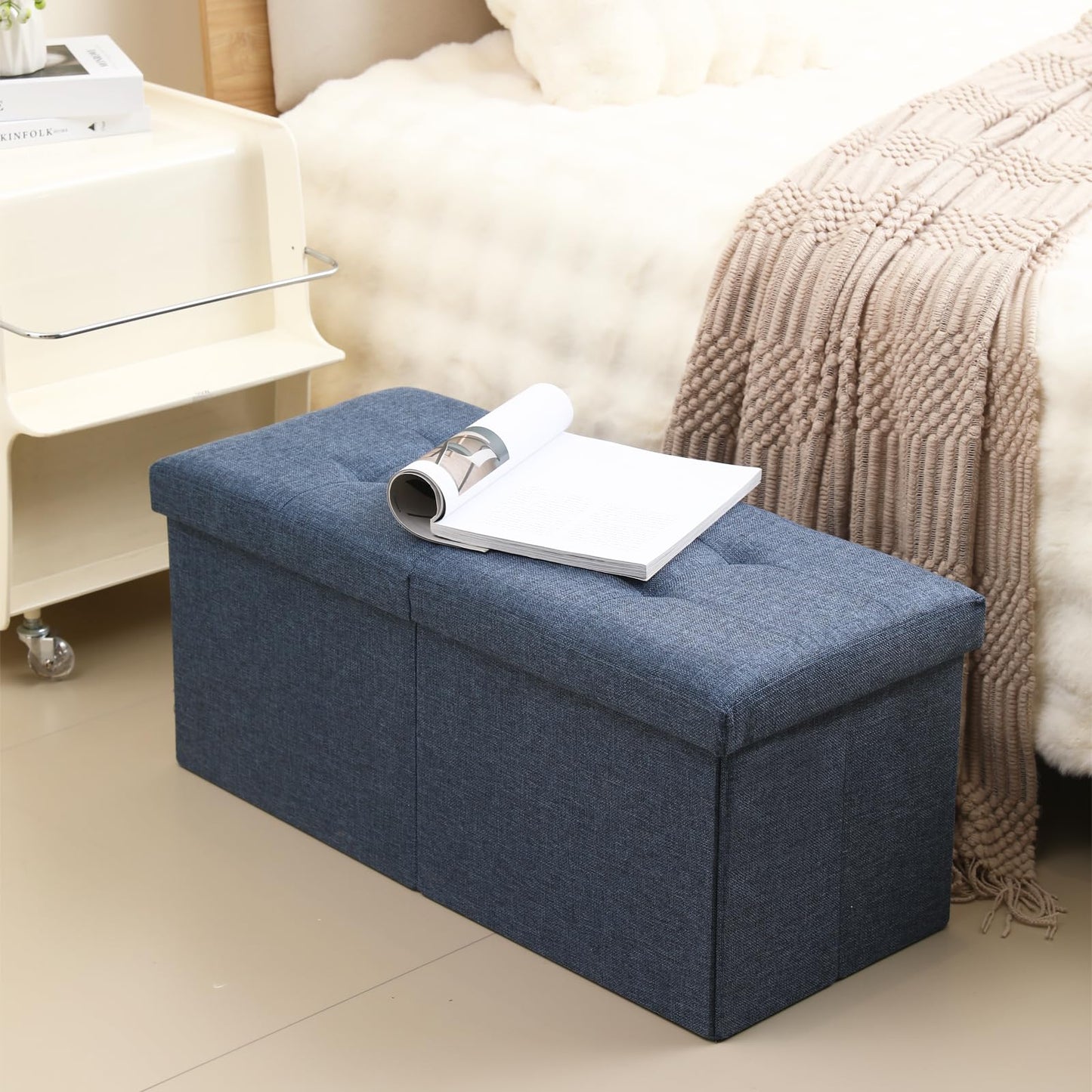 CUYOCA Storage Ottoman Bench Foldable Seat Footrest Shoe Bench End of Bed Storage with Flipping Lid, 75L Storage Space, 30 inches Linen Fabric Navy