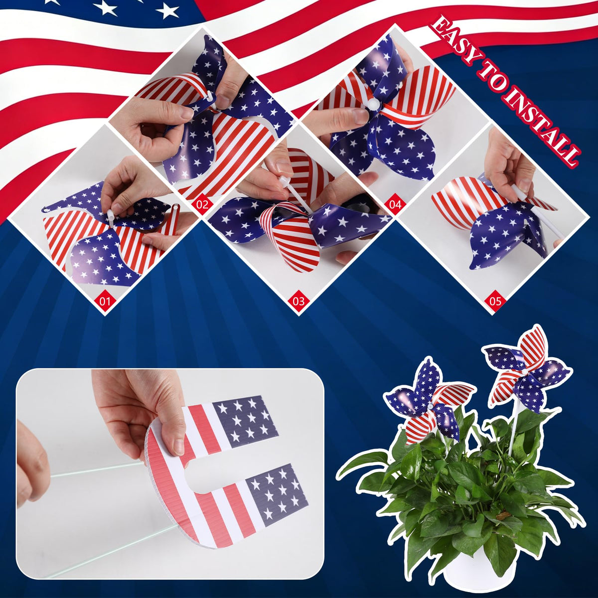 Nalanzhou 13Pcs 4th of July Outdoor Decoration Garden Stakes, 250th Patriotic Plastic USA Shape Yard Signs, Red White Blue Star Planter Stakes Pinwheels for Independence Day Memorial Day Anniversary