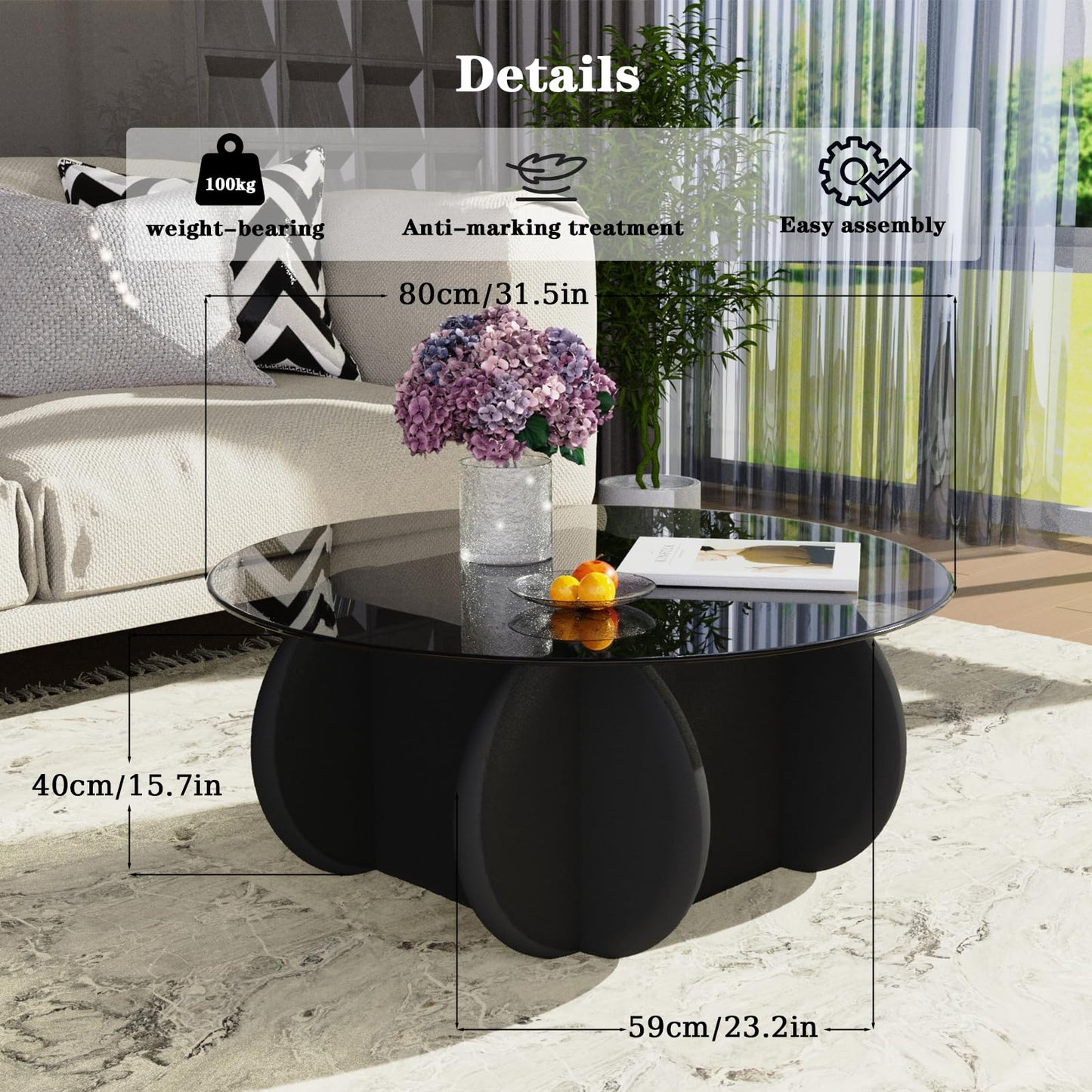 Black Glass Top Coffee Table Modern Elegant Round Coffee Tables with Solid Wood Legs and Tempered Glass Tabletop for Living Room Home Small Space Reception Office Tables 31.5"