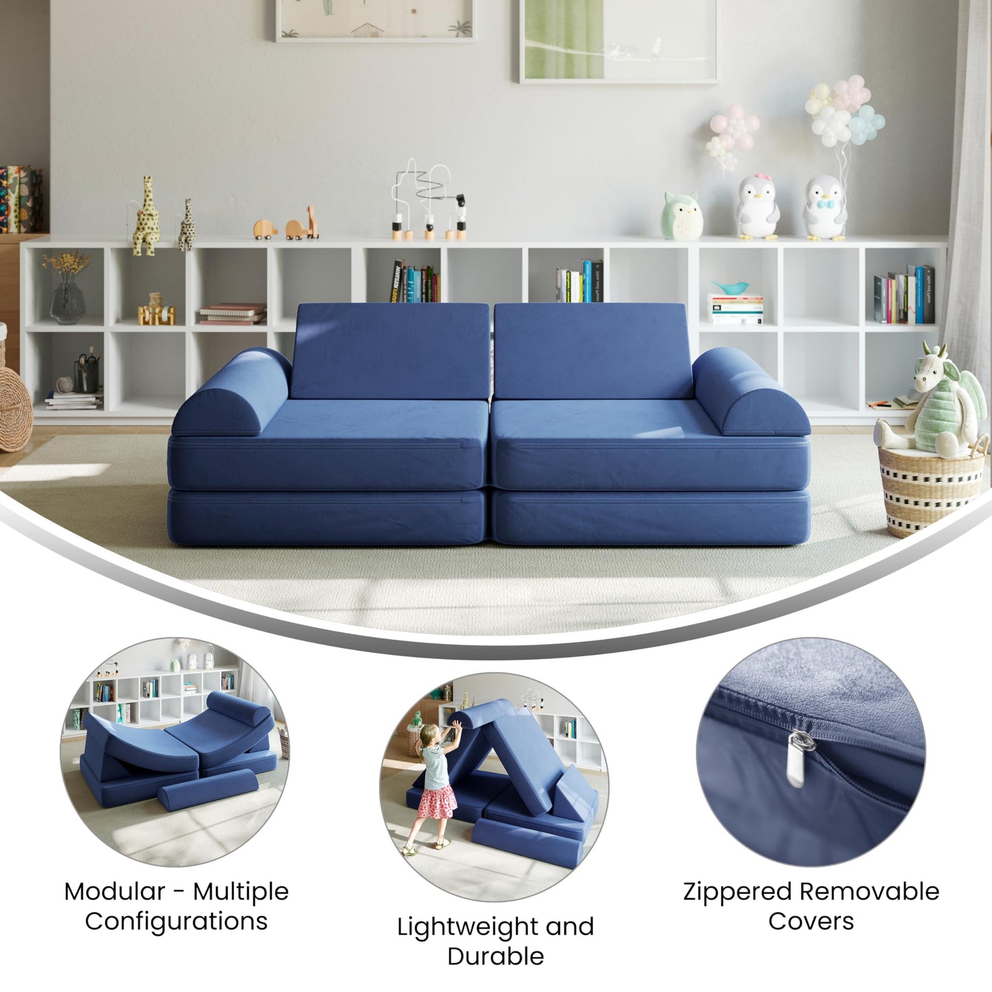 Flash Furniture Marlowe Modular Foam Kids Play Couch, 6 Soft Sectional Sofa Pieces, Convertible Kids Couch, Removable Covers, 56", Blue