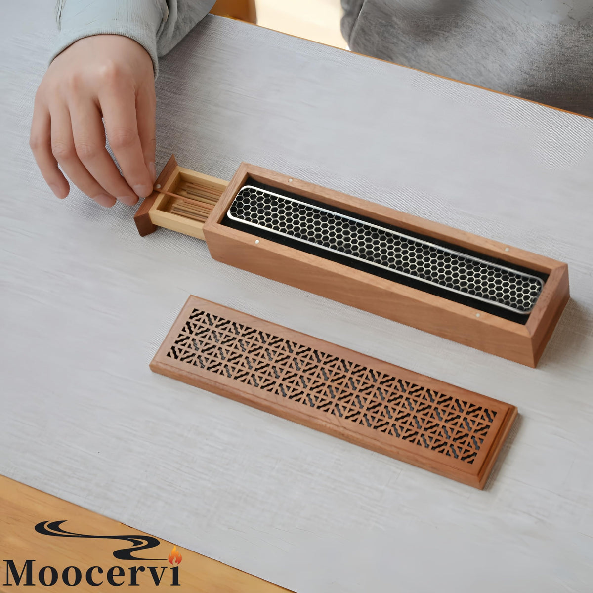 Moocervi Incense Holder Burner,Coffin Incense Storage Box Holder for Sticks, Wooden Incense-Stick Holder & Ash Catcher for Meditation/Yoga Room/Bedroom/studyroom/Office (Incense Holder with Storage)