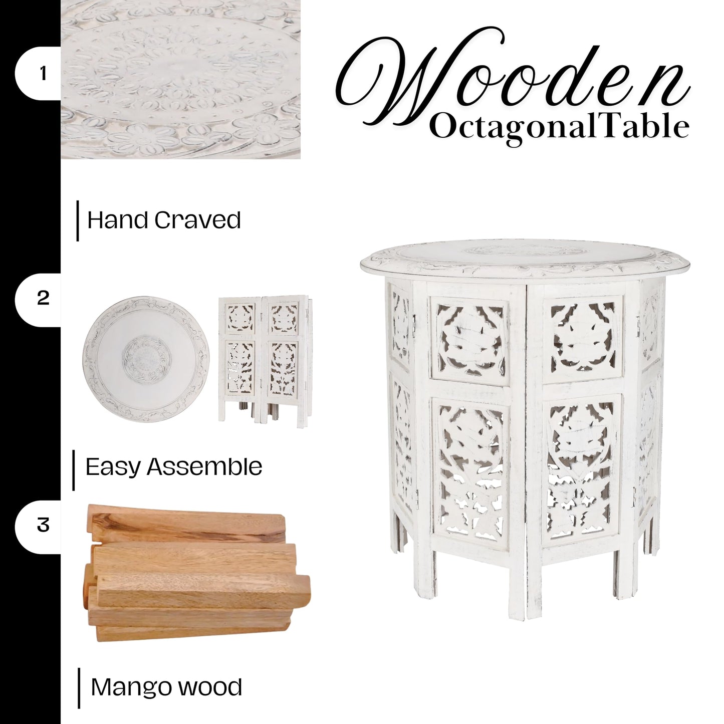 The Wooden Town Handcrafted White Wood End Table - Antique Finish, Small Accent Table 18"x18" for Living Room, Bedroom, Sofa Side or Nightstand Use