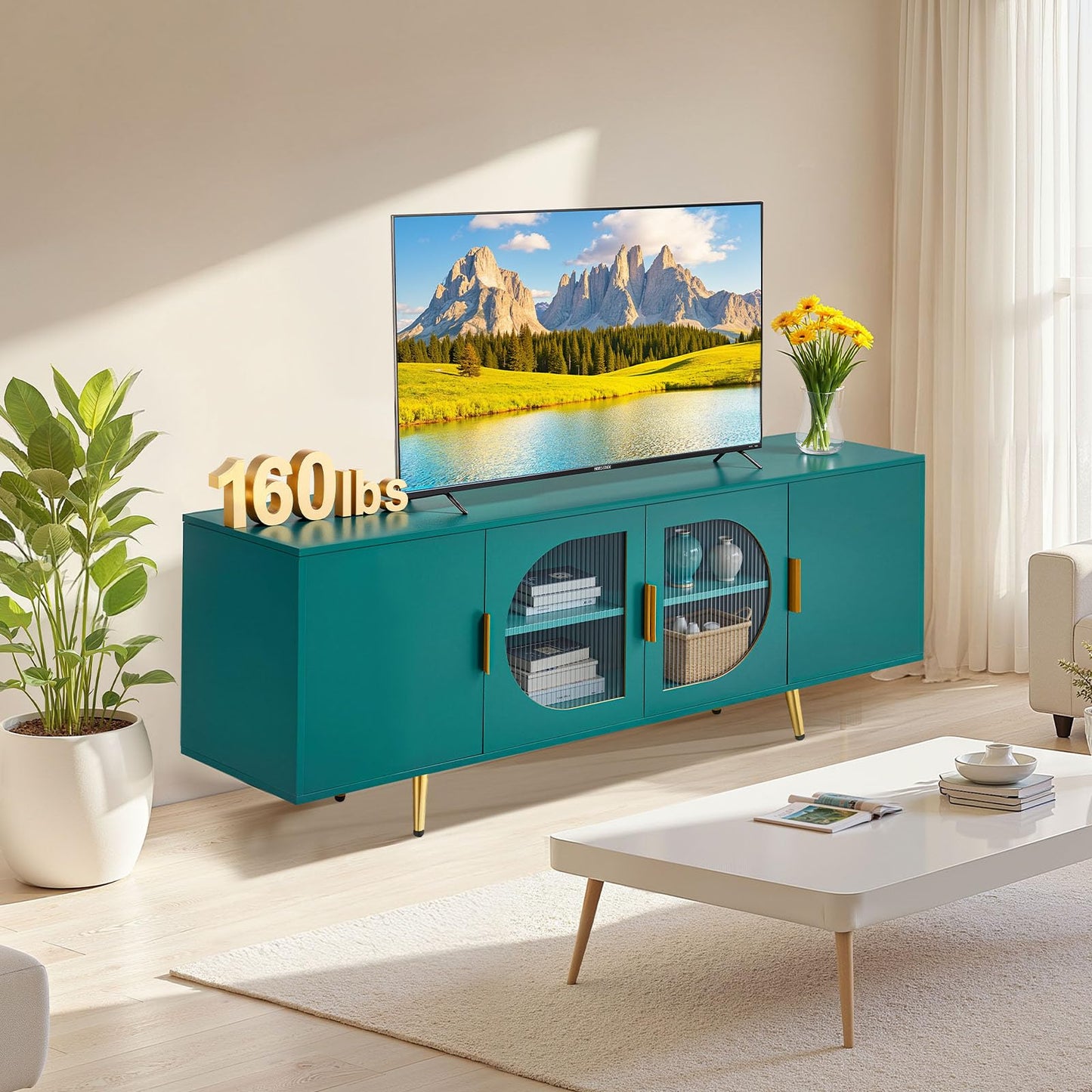 VEVOR TV Stand for TVs up to 75 inch, Modern Entertainment Center with Glass Doors and Gold Legs, TV Storage Cabinet with Adjustable Shelves, Wood Media Console for Living Room and Bedroom, Dark Green
