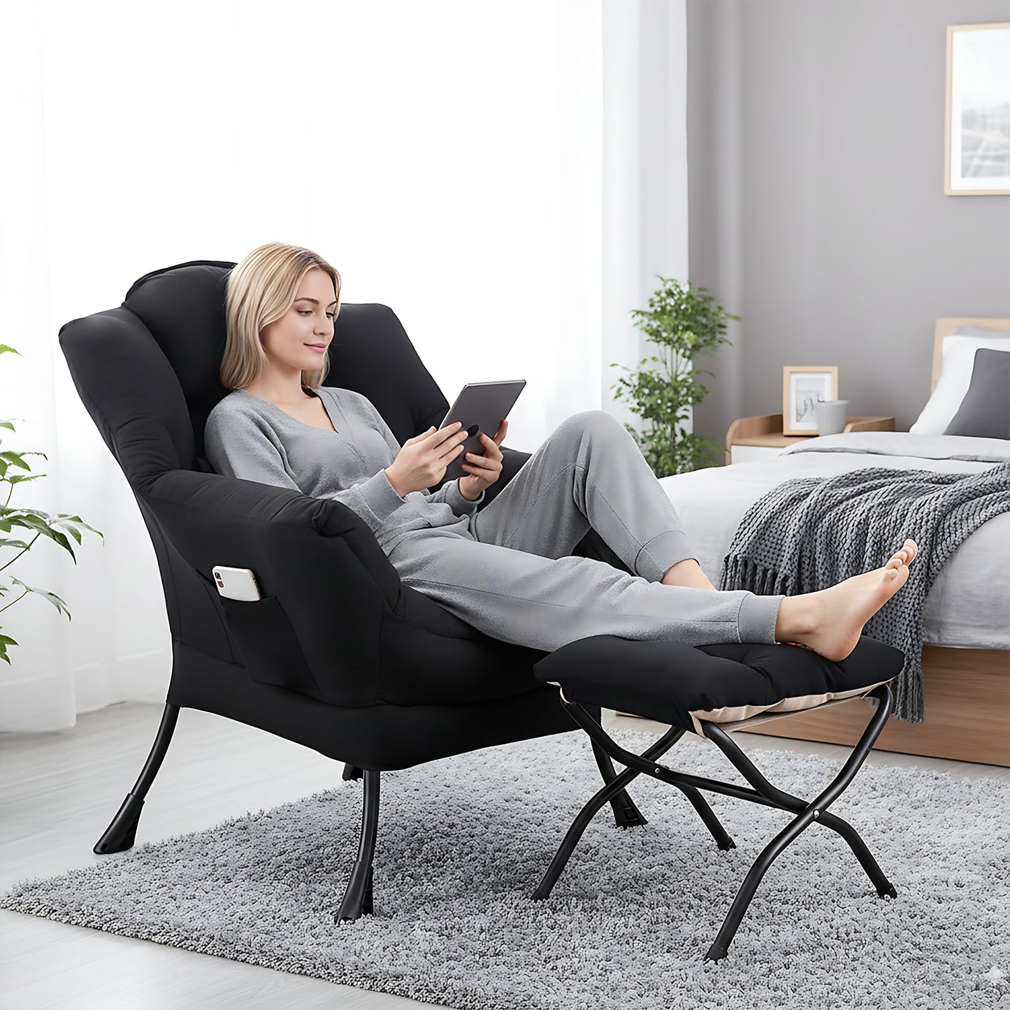 Furlide Lazy Chair with Ottoman, Comfy Fabric Accent Lounge Arm Chair with Lumbar Pillow and Folding Footrest, Reading Leisure Sofa Chair for Bedroom, Living Room, Dorm,Black