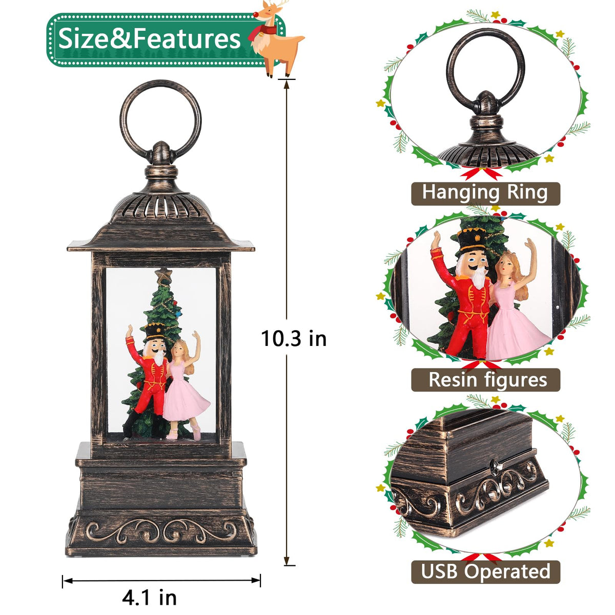 Christmas Snow Globe Decorations, Musical Glitter Nutcracker Lantern with 6H Timer, USB/Battery Powered Lighted Décor for Home, Tabletop, Gift Box