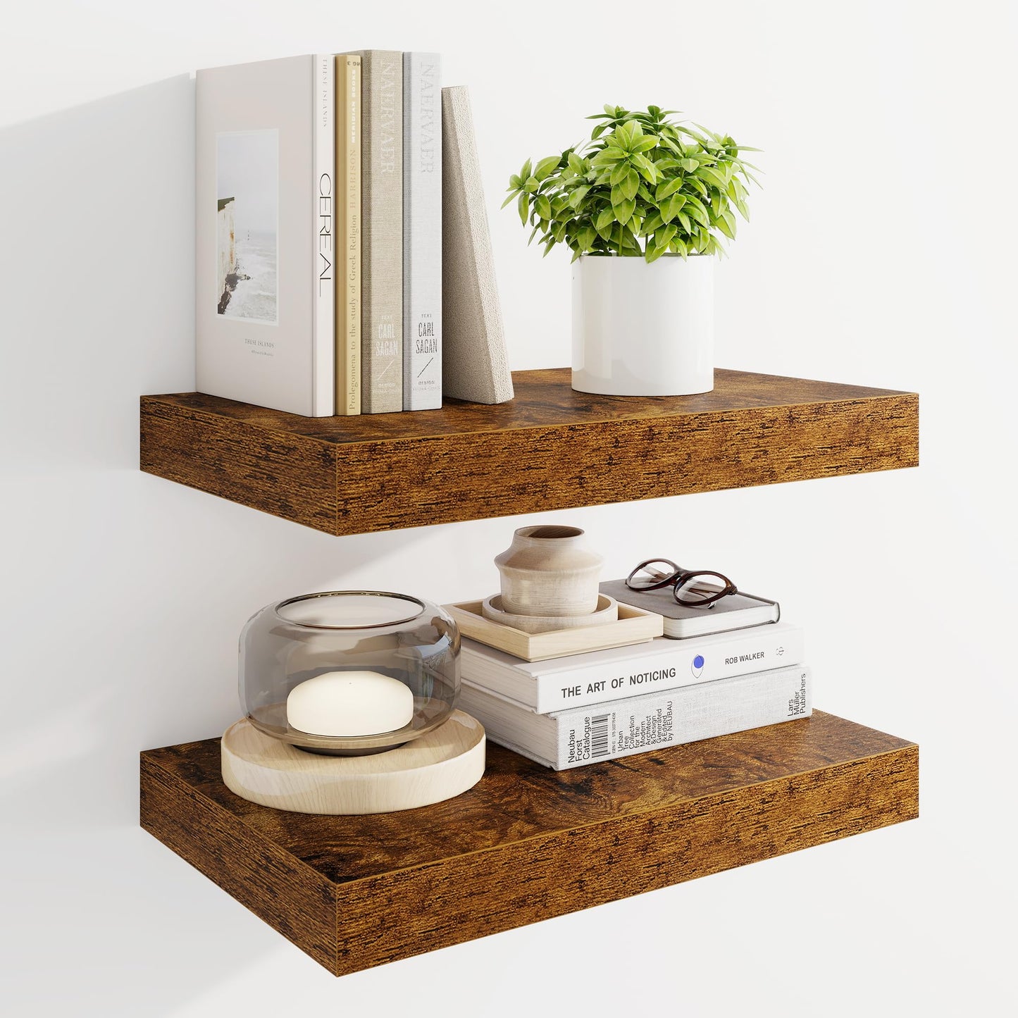 Marsmiles 16" Floating Shelves for Wall, Wooden Shelves with Invisible Brackets Set of 2, Rustic Farmhouse Wall Mounted Shelf for Kitchen Bathroom Living Room Study, Rustic Brown
