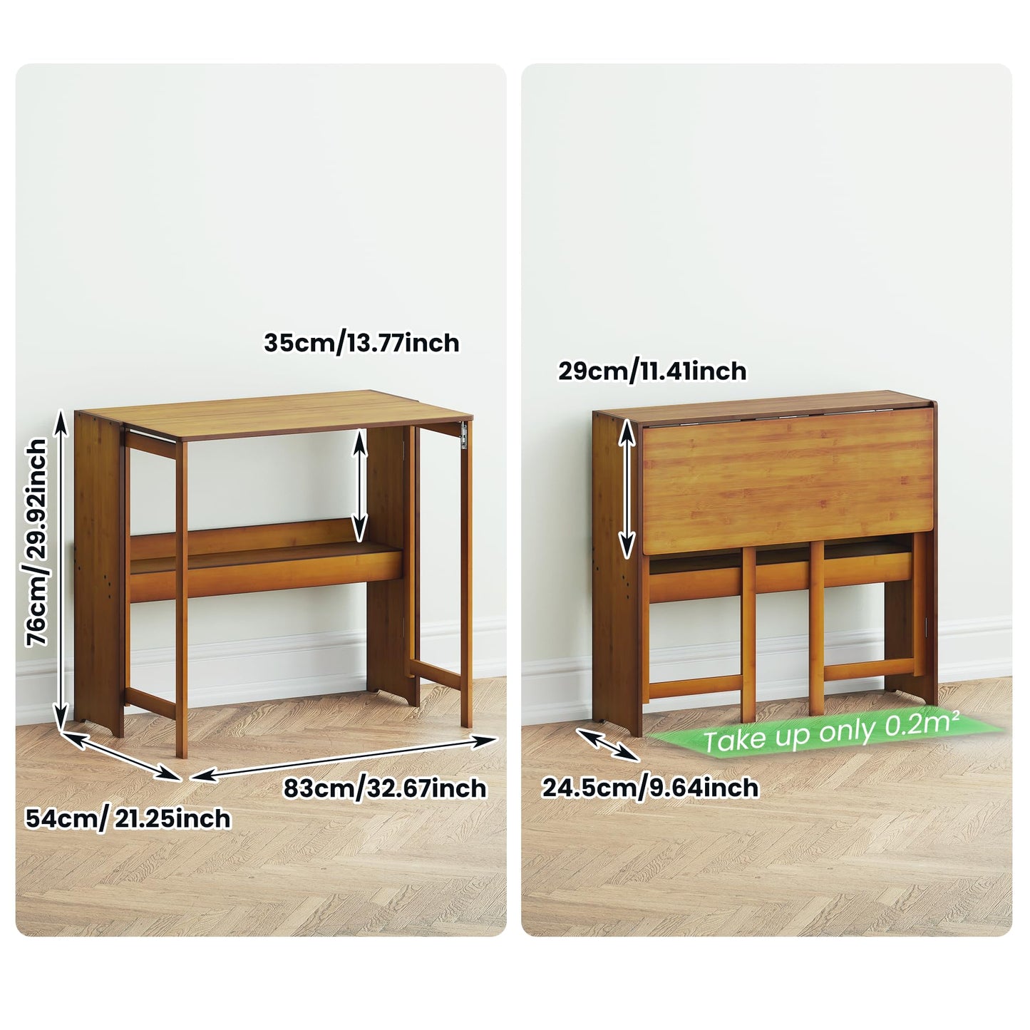 petour Wood Foldable Desk,Space Saving Foldable Table Bamboo Folding Desk Study Table with Bookshelf for Office Home Study Bedroom