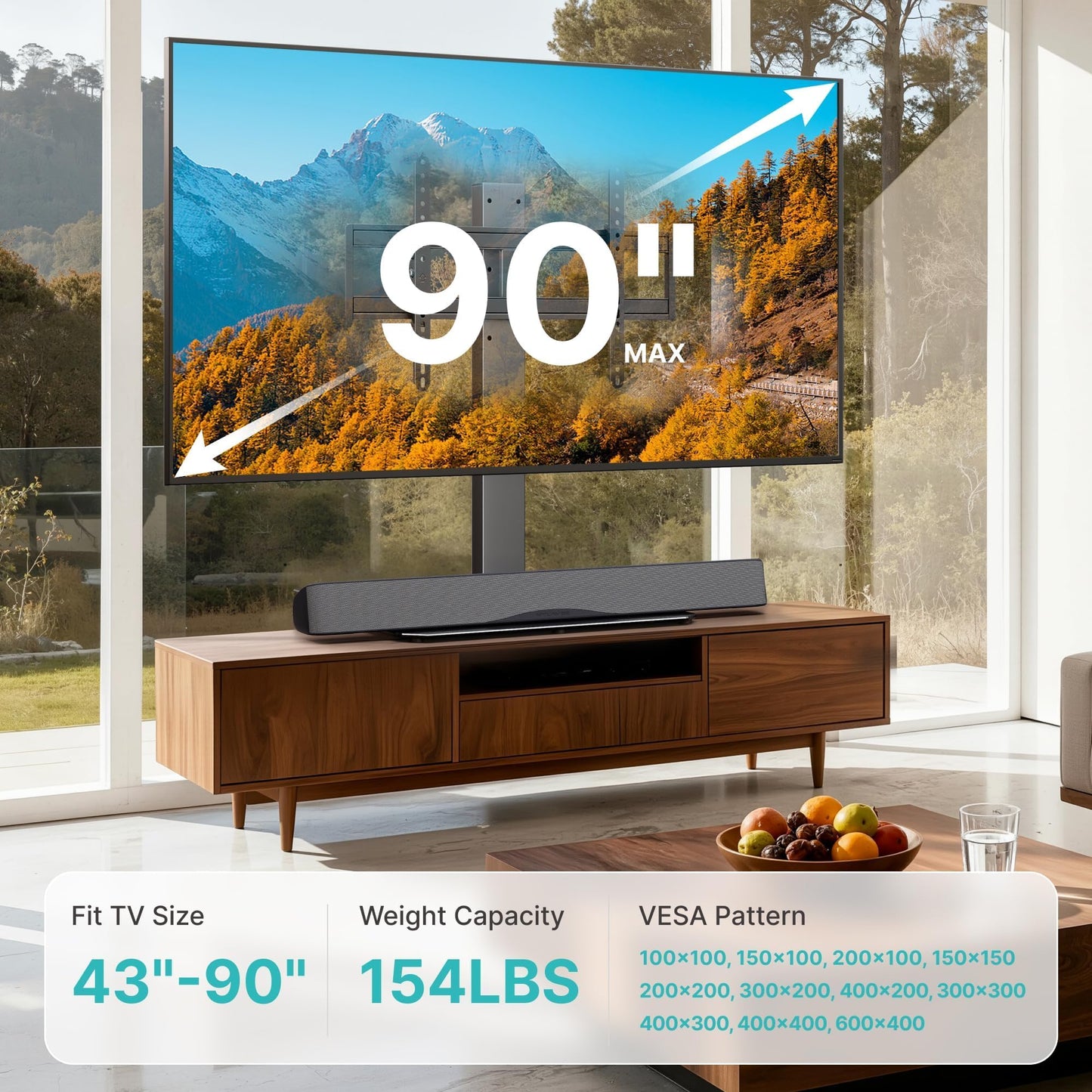 Pegzone Universal TV Stand Swivel with Power Outlet for 43-90'' TVs, Holds 154 lbs, Height Adjustable Large Table Top TV Stand, VESA MAX 600x400mm