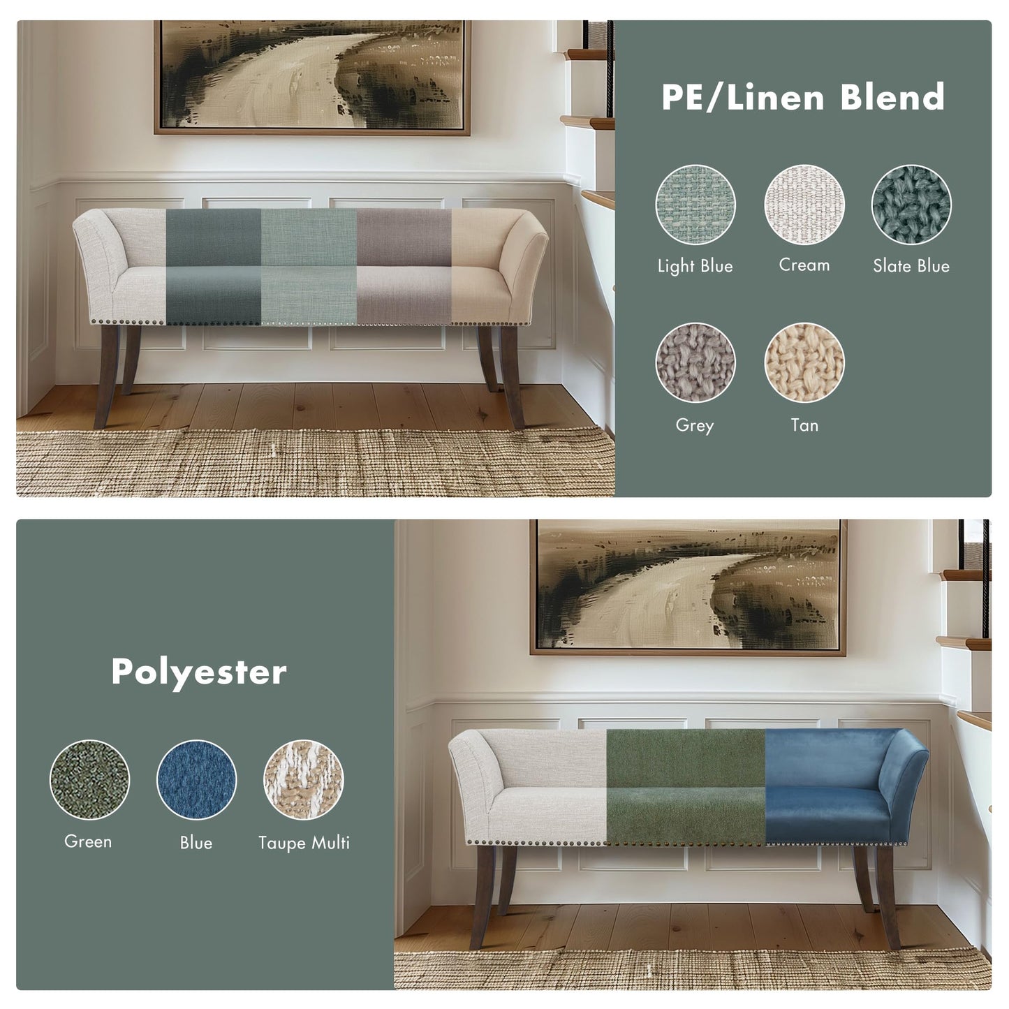 Madison Park Accent Bench, Upholstered with Nailhead Trim, & Padded Seat Entryway Bench Small, End of Bed Bench with Back, 49.5" W x 19.25" D x 23" H, Slate Blue