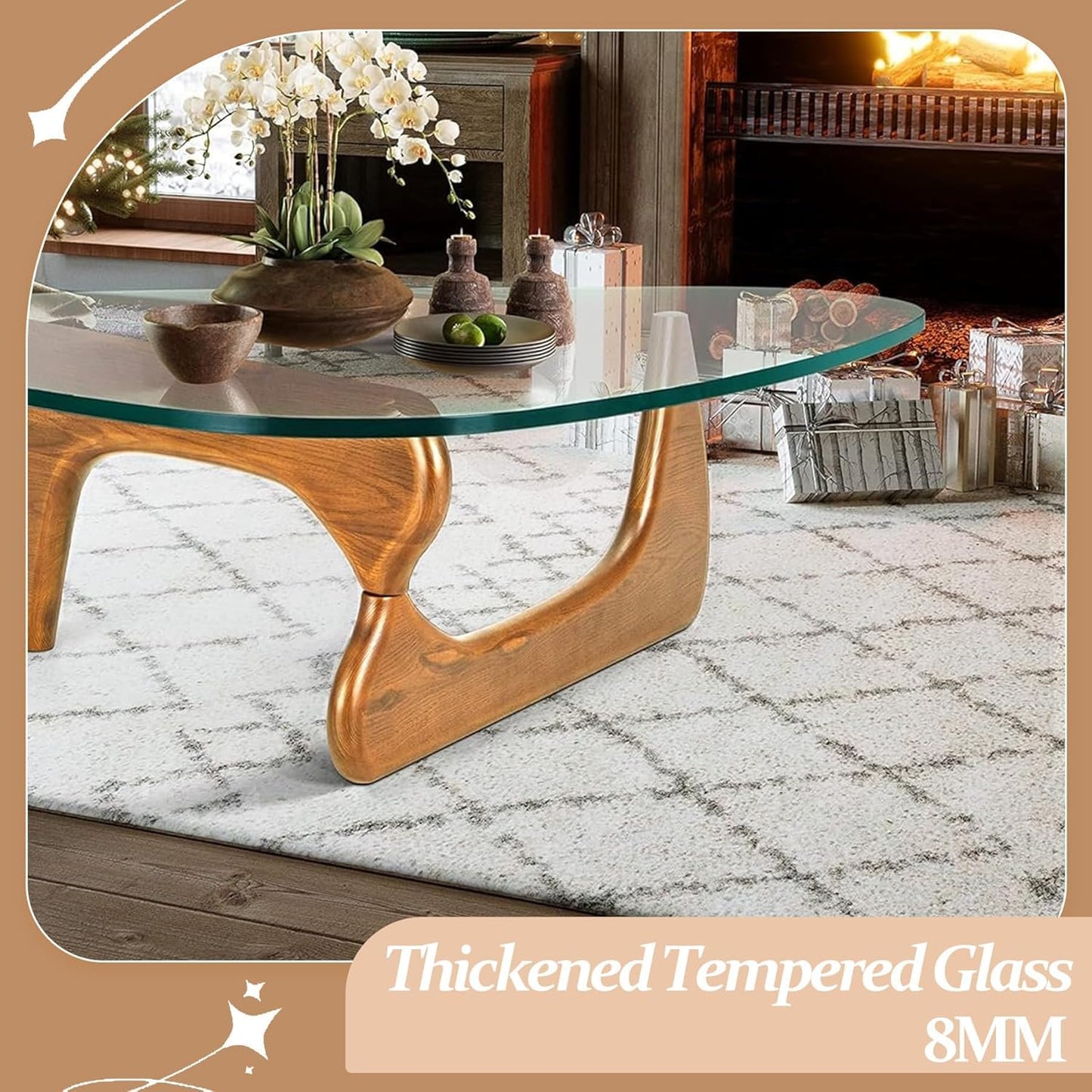 Modern Coffee Table for Living Room, 35.8" Mid Century Center Table,Brown Tempered Glass Triangle Top & Sturdy Solid Legs, Tea Table for Home Office, Easy Assembly
