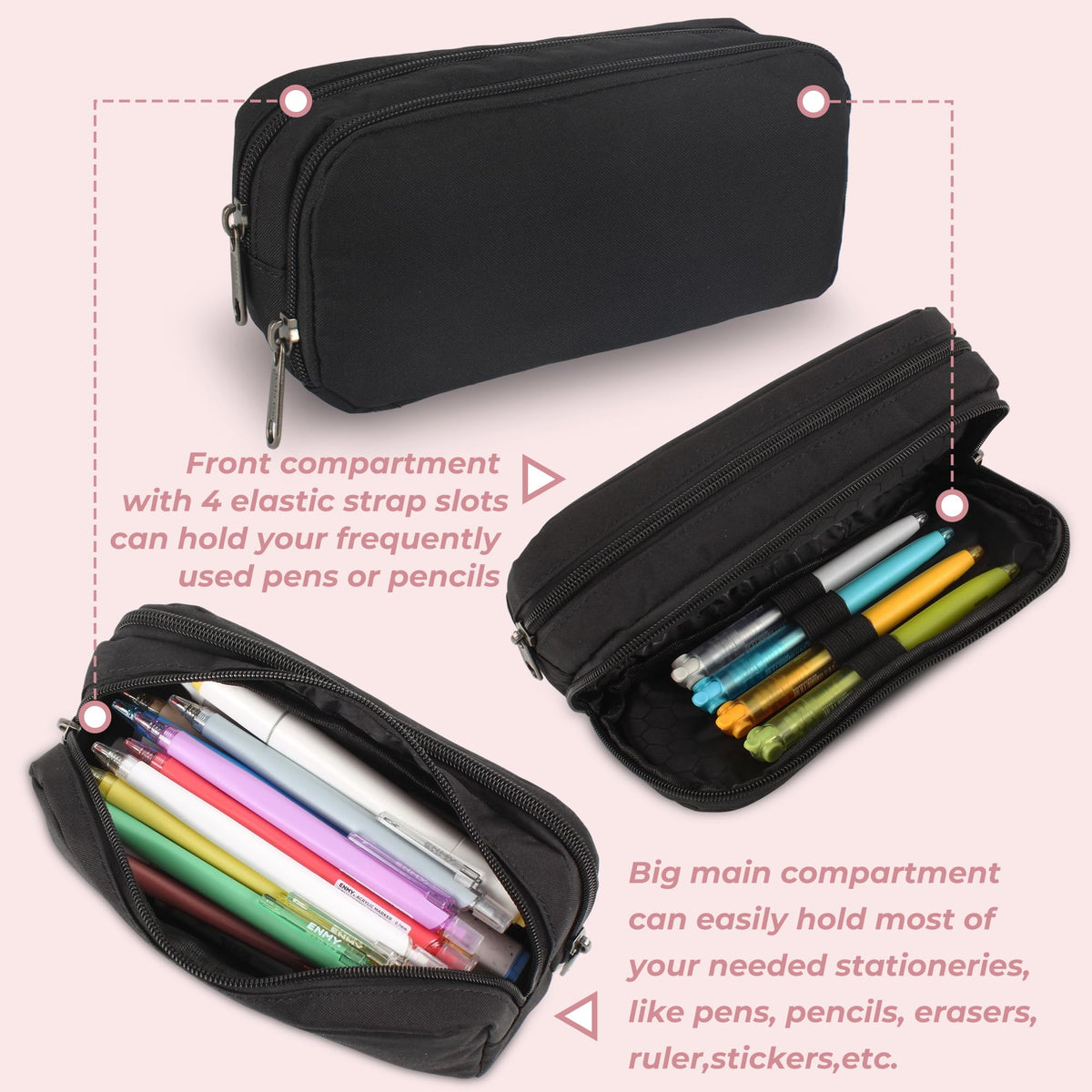 Della Gao Large Pencil Case, Big Capacity Pencil Pouch with 2 Compartments, Office Pencil Bag with Zipper, Big Pen Case for Adults (01-Black)