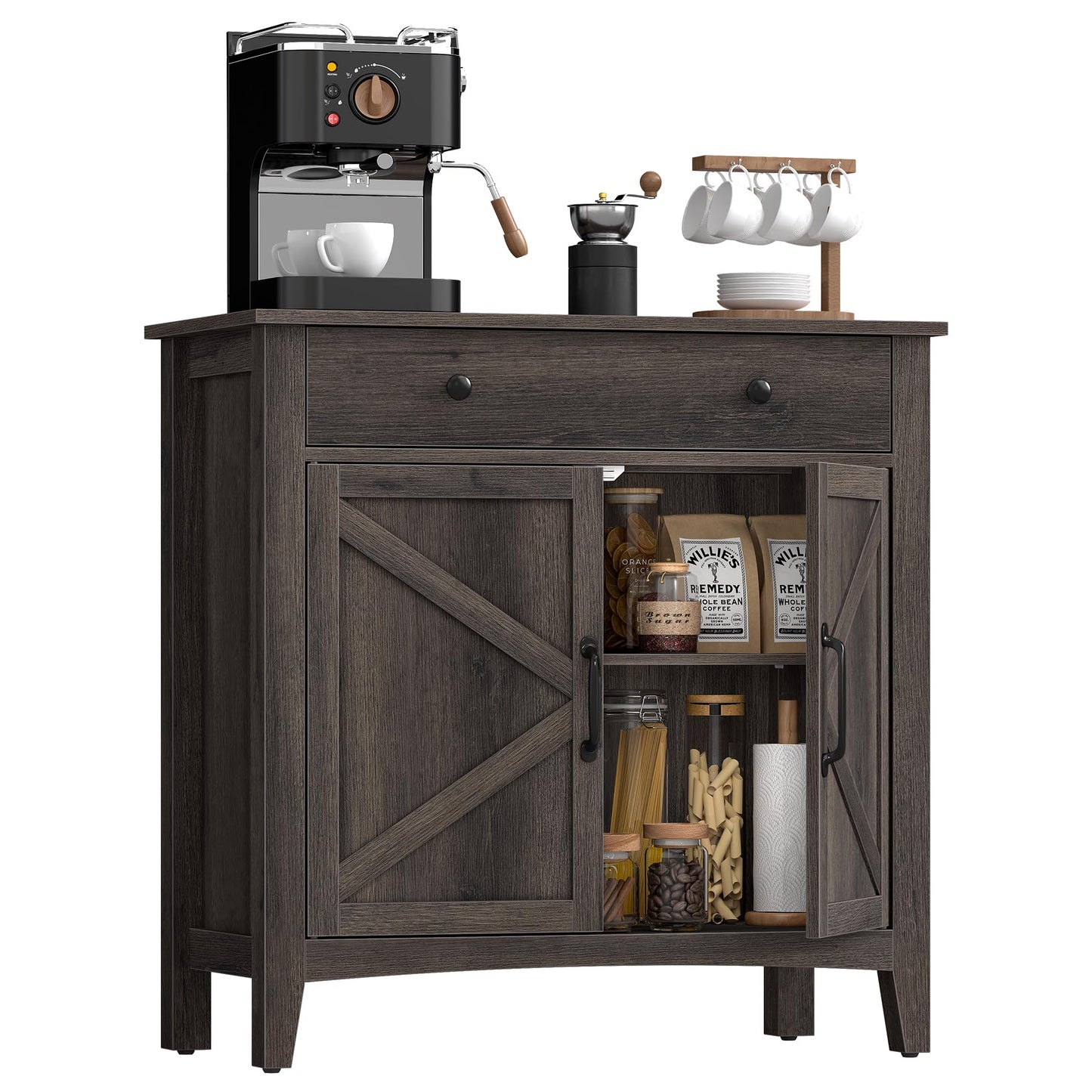 VASAGLE LIRY Collection - Buffet Cabinet, Coffee Bar Cabinet with a Drawer, Adjustable Shelf, Sideboard Storage with Cable Hole, Drawer Divider, Taupe Brown UBBK341TA01S