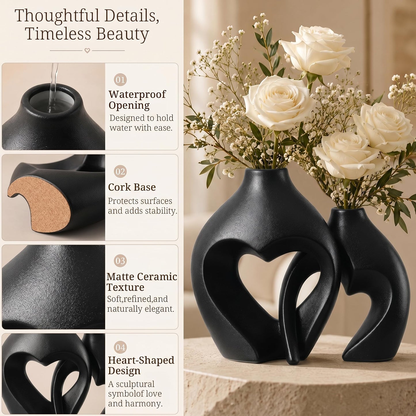 Black Ceramic Flower Vases Home Decor Heart Shaped Vase Set of 2