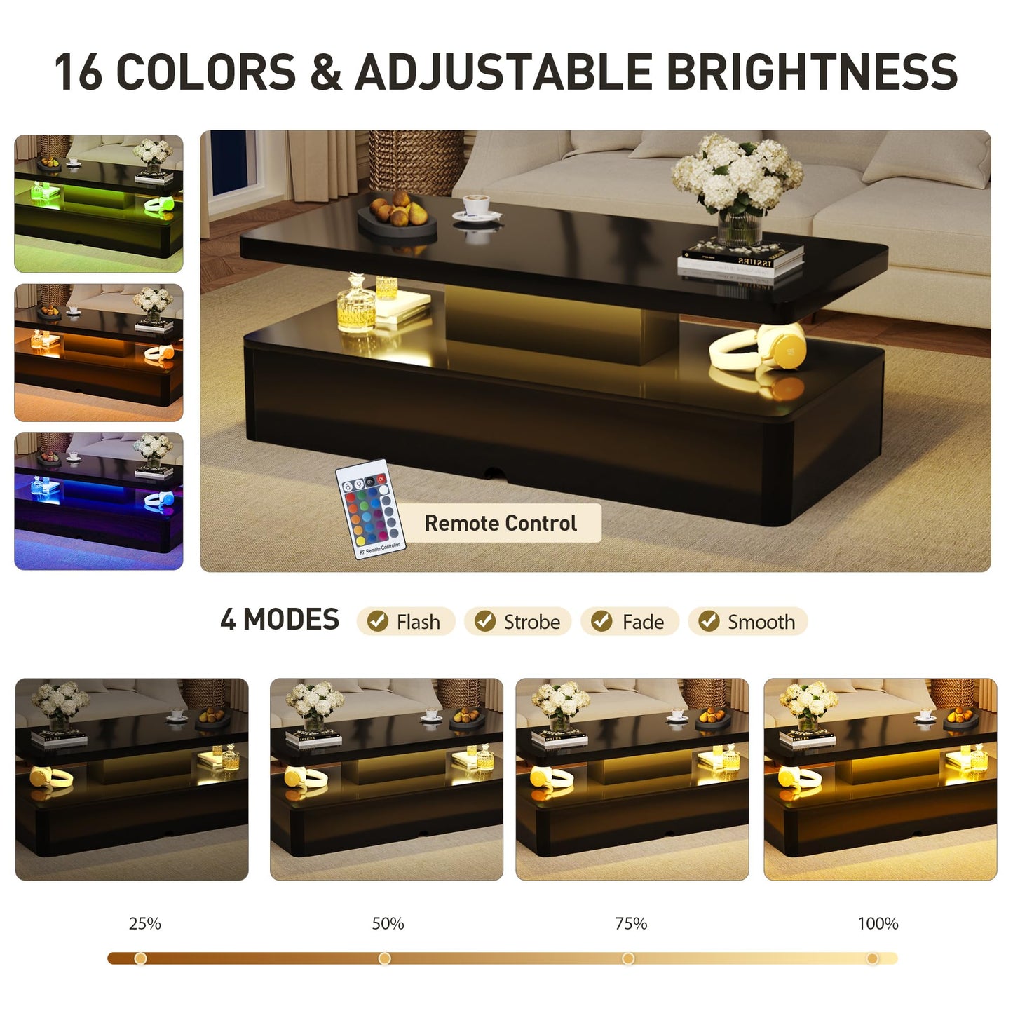 OneBlis 47" Modern Coffee Table with 16 Colors LED Lights, 2 Tier Rectangular Center Table with Large Storage Space, Stylish High Glossy Wooden Tea Tables for Living Room, Bedroom, Home Office, Black