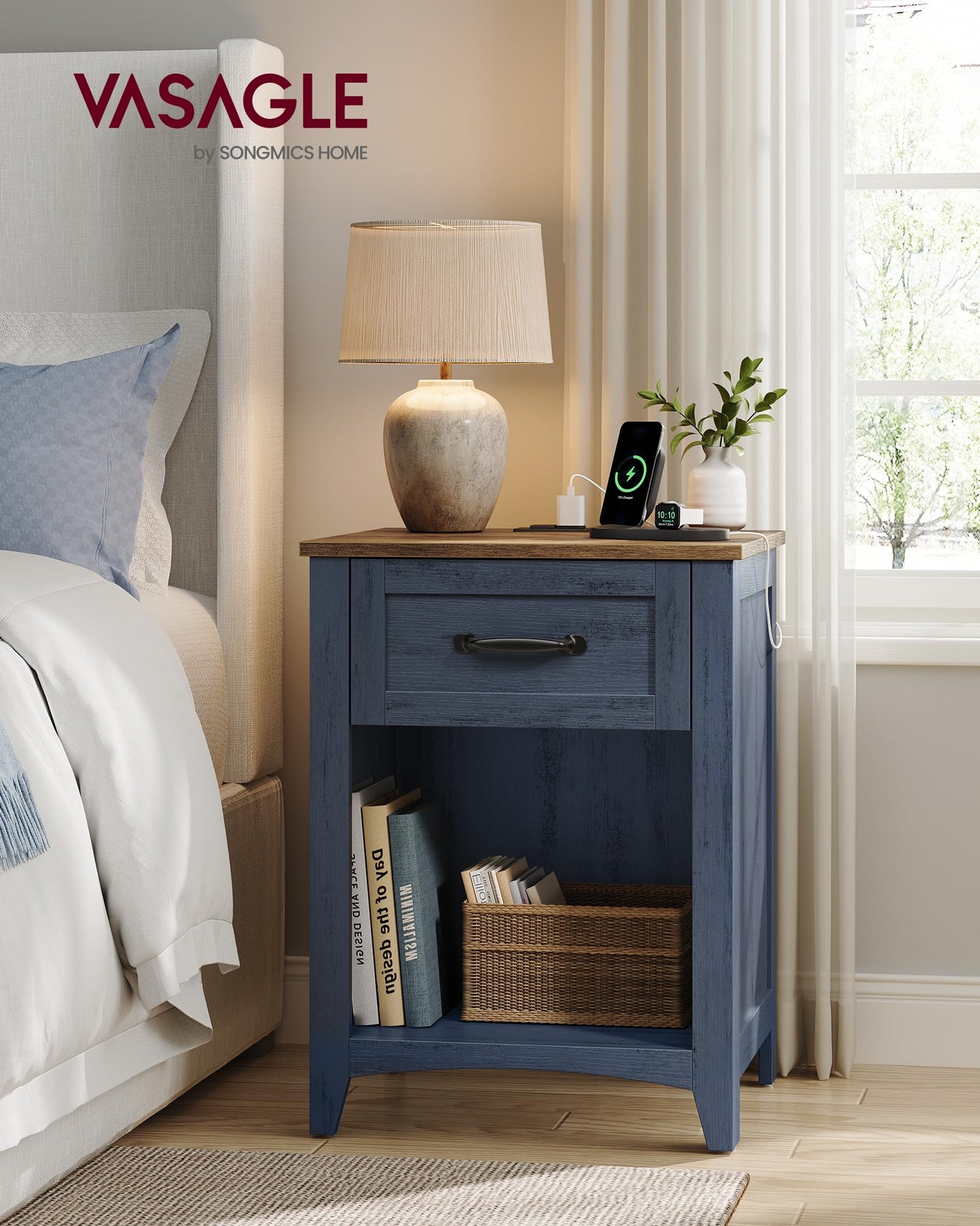 VASAGLE LIRY Collection - Farmhouse Nightstands with Charging Station, Set of 2 Bedside Tables, Side Tables with Drawer, Open Compartment, for Bedroom, Rustic Blue and Honey Brown LET659Q101S-2J