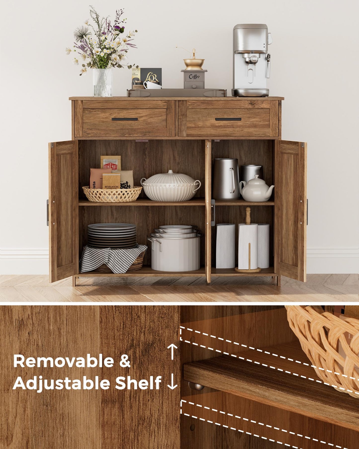 Homhedy Sideboard Buffet Cabinet, Coffee Bar Storage Cabinet with Drawers and Doors, Farmhouse Kitchen Cabinet with Adjustable Shelves, for Kitchen, Dining Room, Living Room, Rustic Walnut