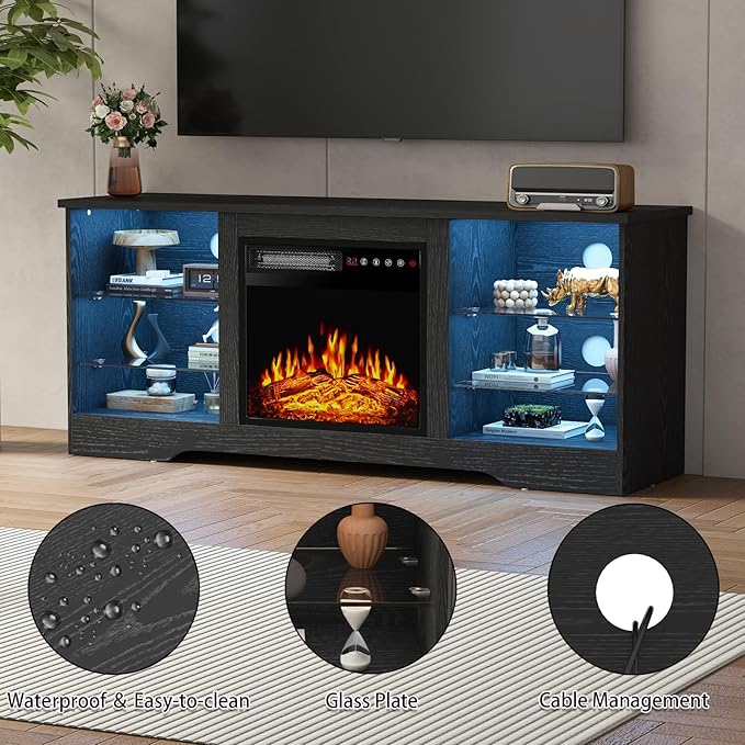 PRETZI Fireplace TV Stand with 18" Fireplace Up to 65" TVs, TV Media Console
