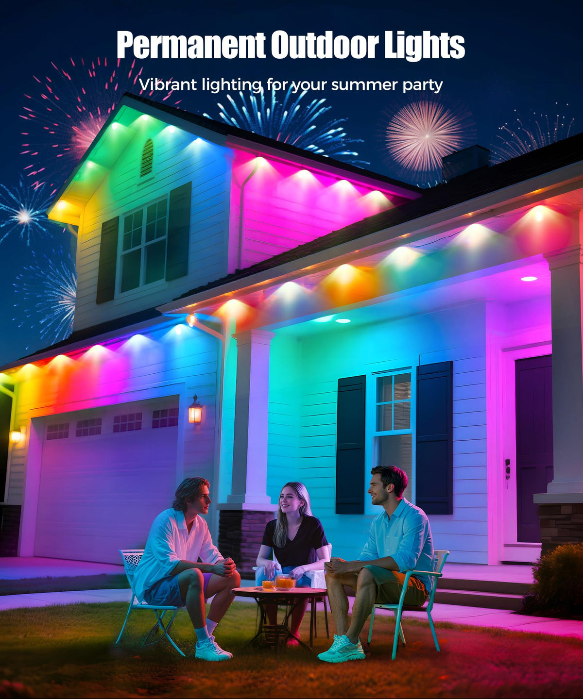 POOFZY Permanent Outdoor Lights for House,150ft RGB+IC Smart Outdoor Decor, 50 Scene Modes,App/Remote Control,IP67 Waterproof,for Christmas,Halloween,Daily & Holiday Party Decor,House Roof Lighting