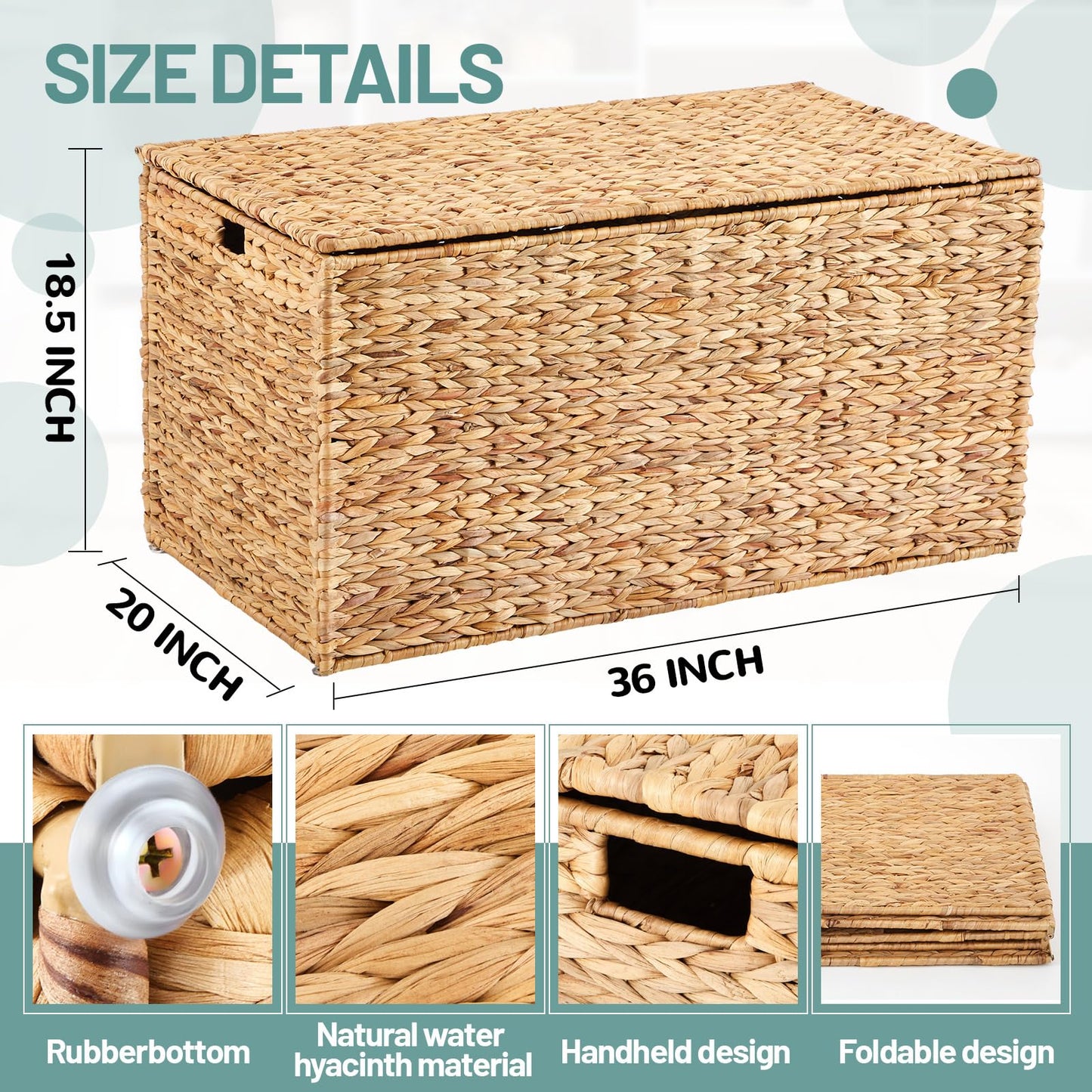 Wonderjune 36 x 20 x 18.5 Inch Water Hyacinth Wicker Storage Trunk with Metal Frame, Heavy Duty Storage Chest with Lid Large Rattan Basket for Blankets, Seasonal Clothes, Extra Bedding (Natural)